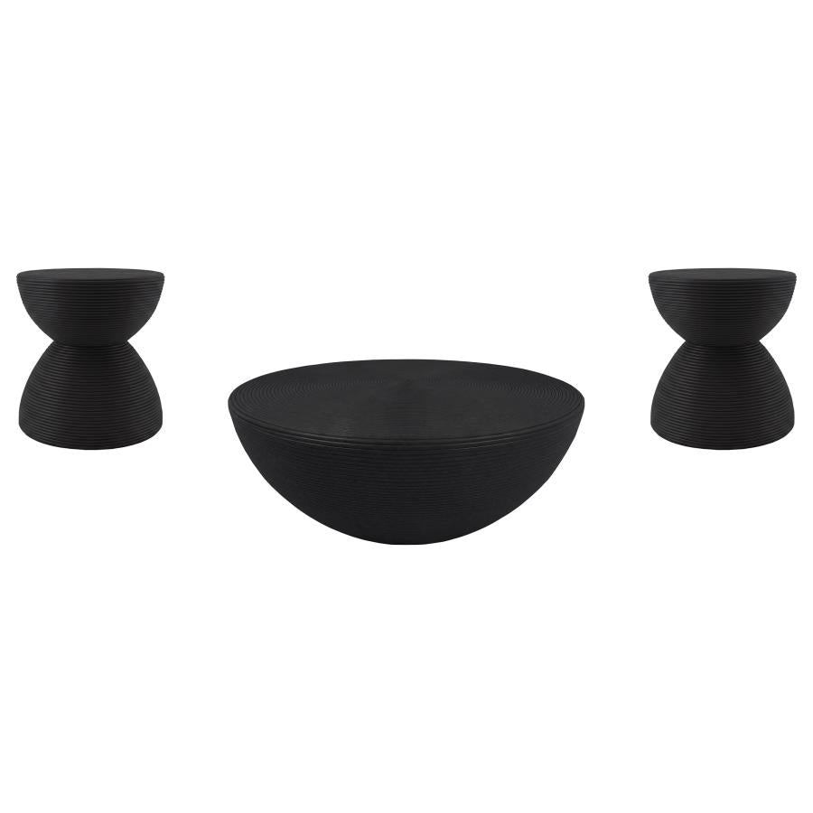 Macedo 3-Piece Transitional Round Rattan Coffee and End Table Set Black