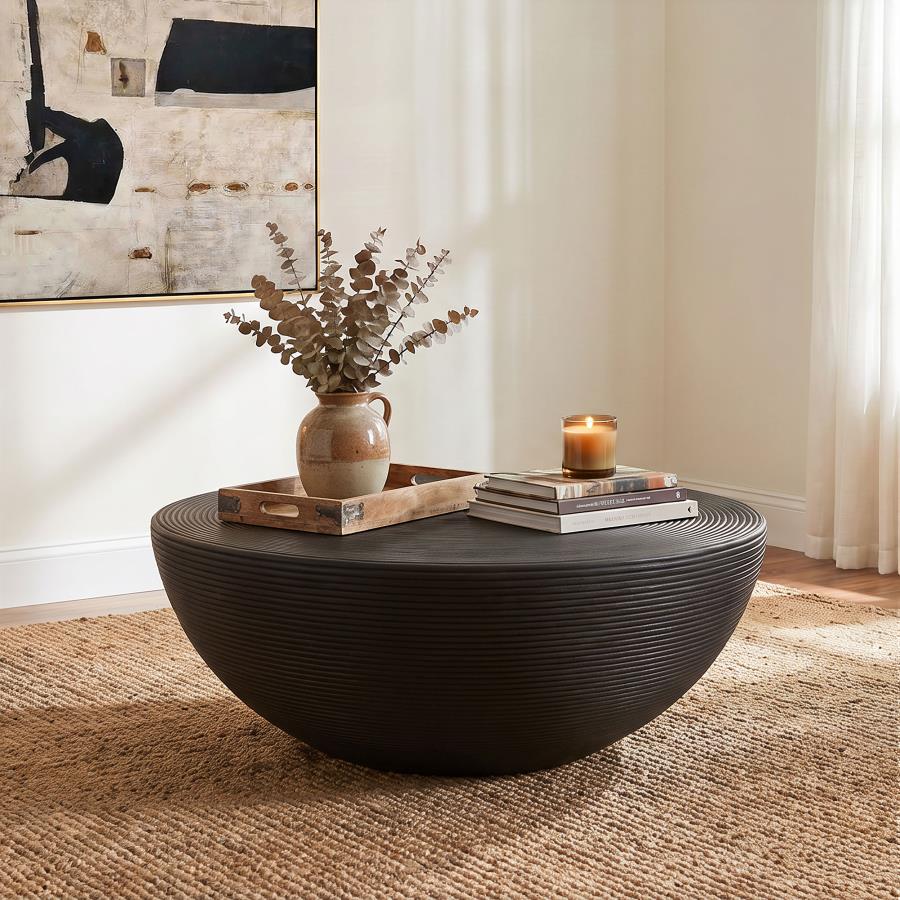 Macedo Round Ribbed Rattan Drum Coffee Table Black