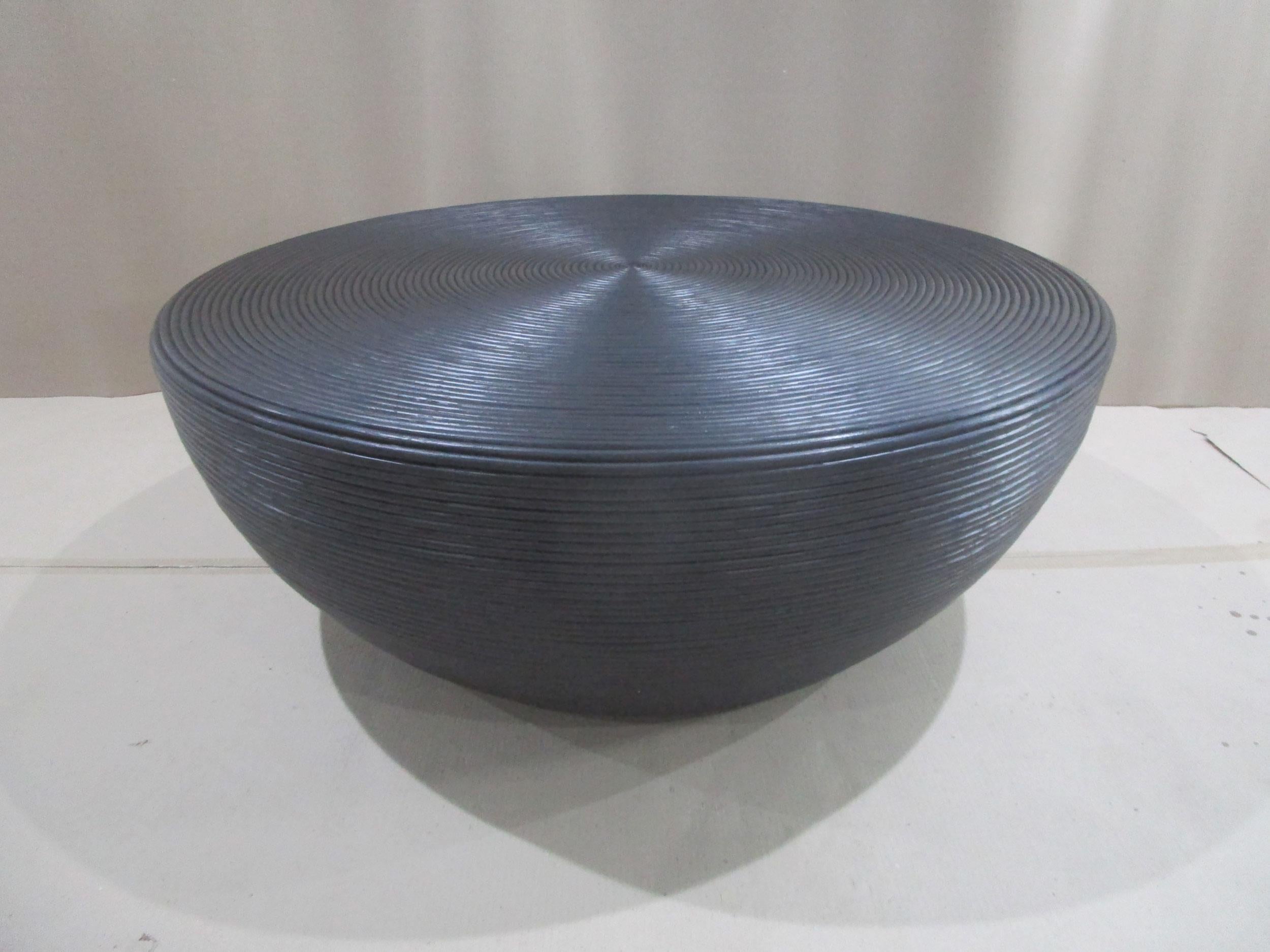 Macedo Round Ribbed Rattan Drum Coffee Table Black