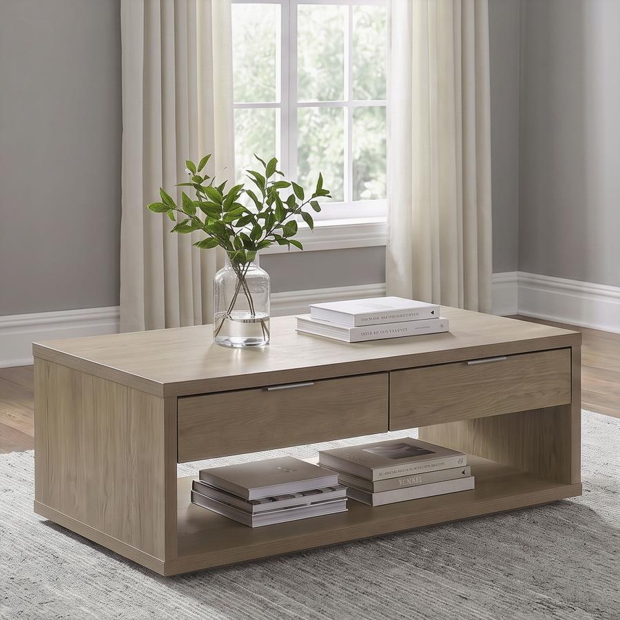 Ingram 2-Drawer Rectangular Coffee Table with Open Shelf Latte