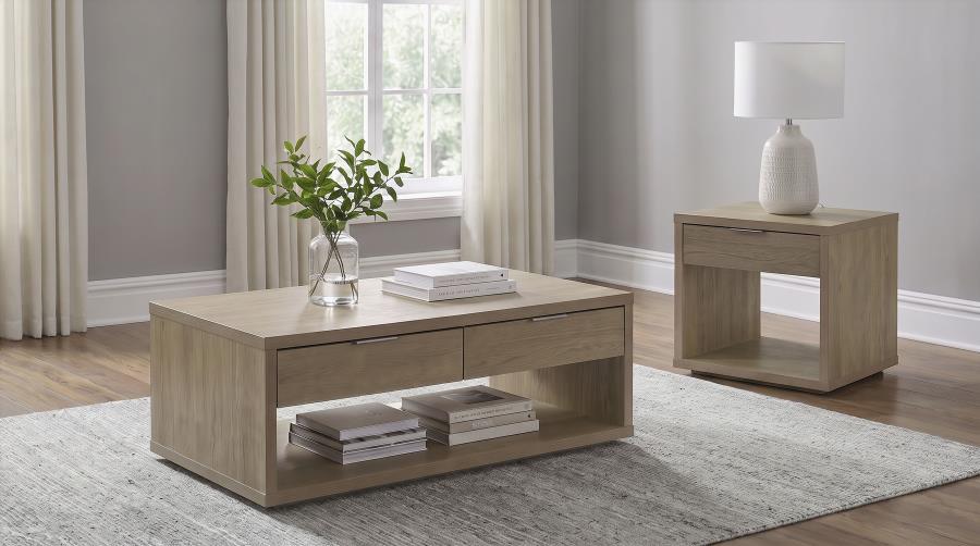 Ingram 2-Drawer Rectangular Coffee Table with Open Shelf Latte