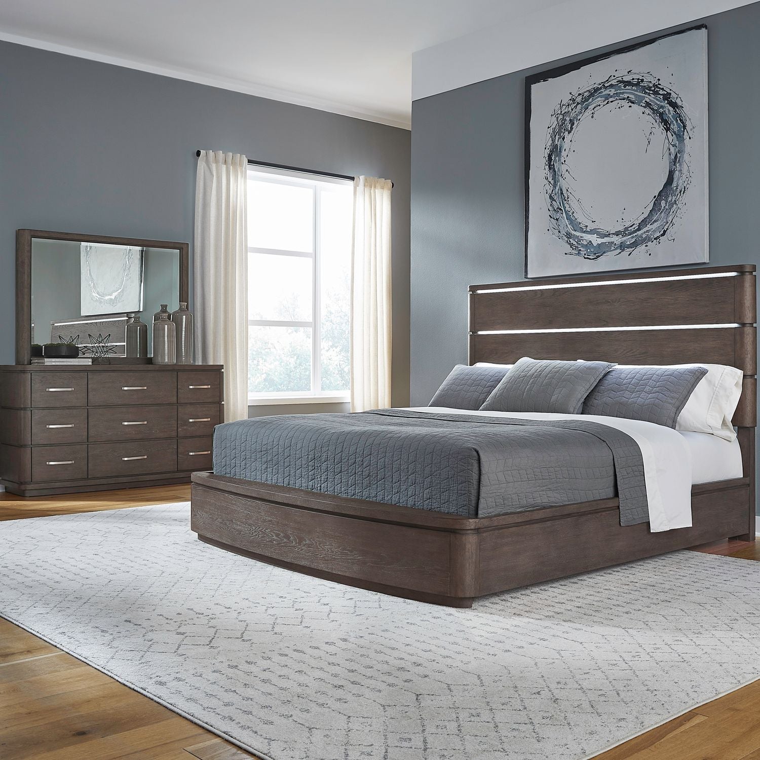 Cascade Falls King Panel Bed, Dresser & Mirror