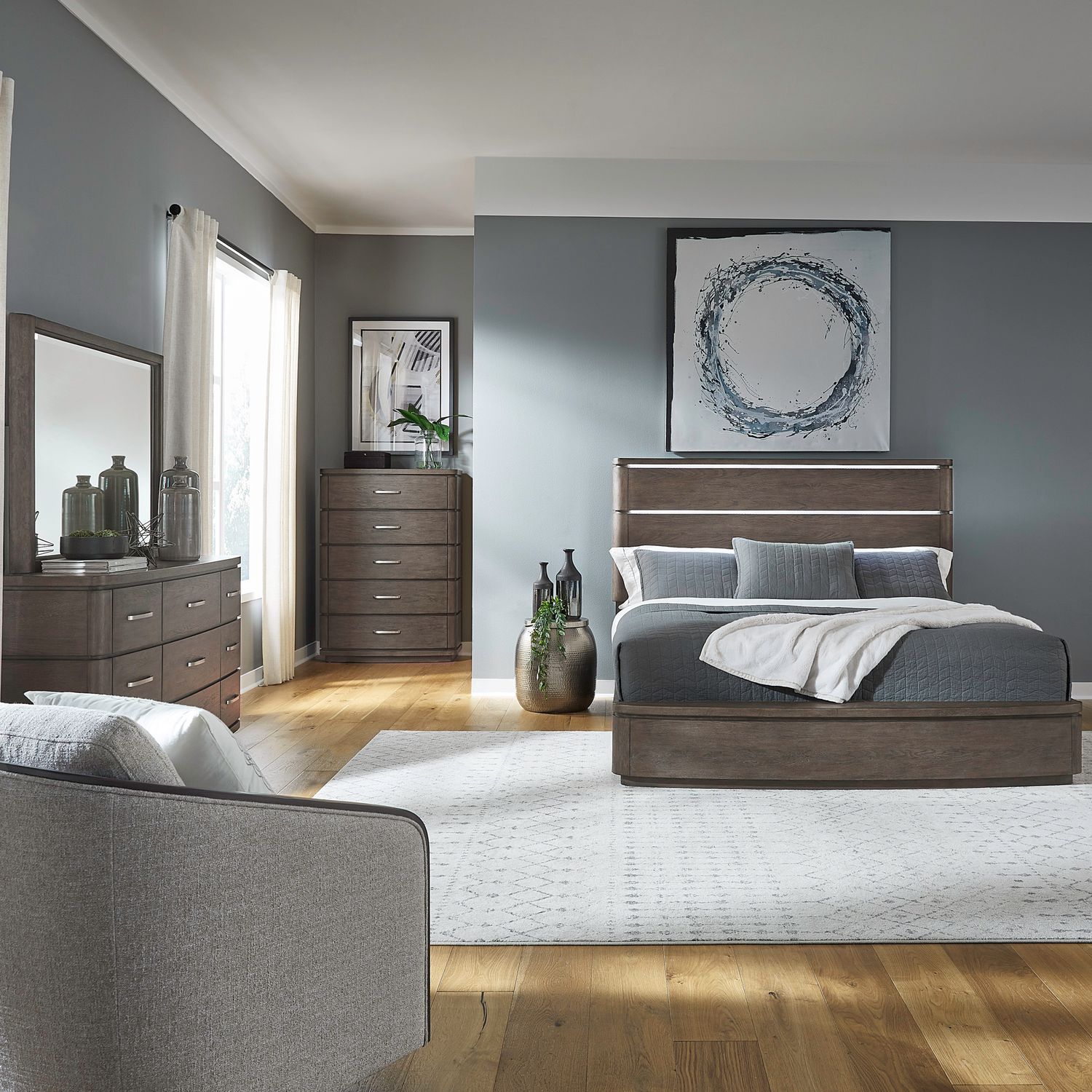 Cascade Falls King Panel Bed, Dresser & Mirror, Chest