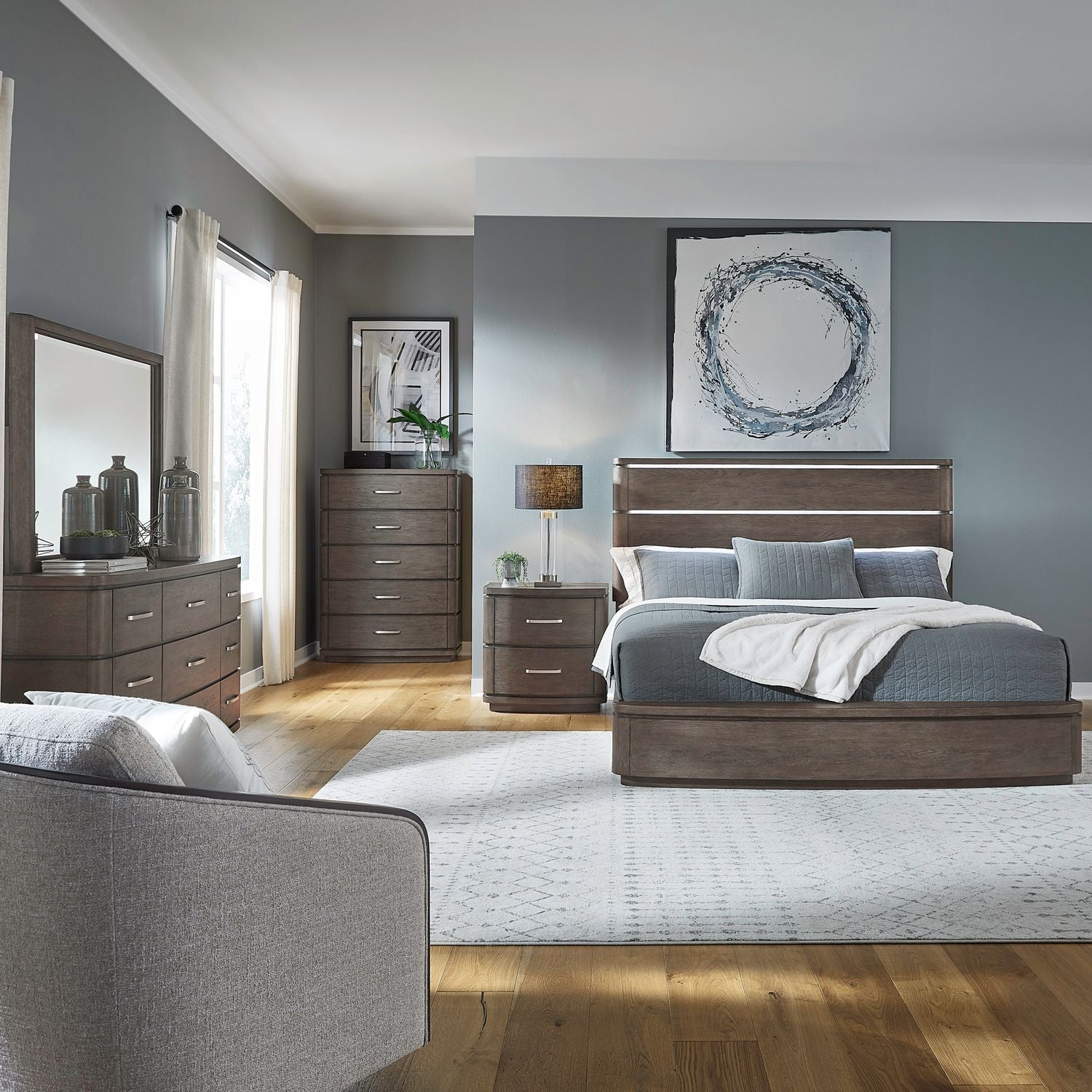 Cascade Falls Queen Panel Bed, Dresser & Mirror, Chest, Nightstand