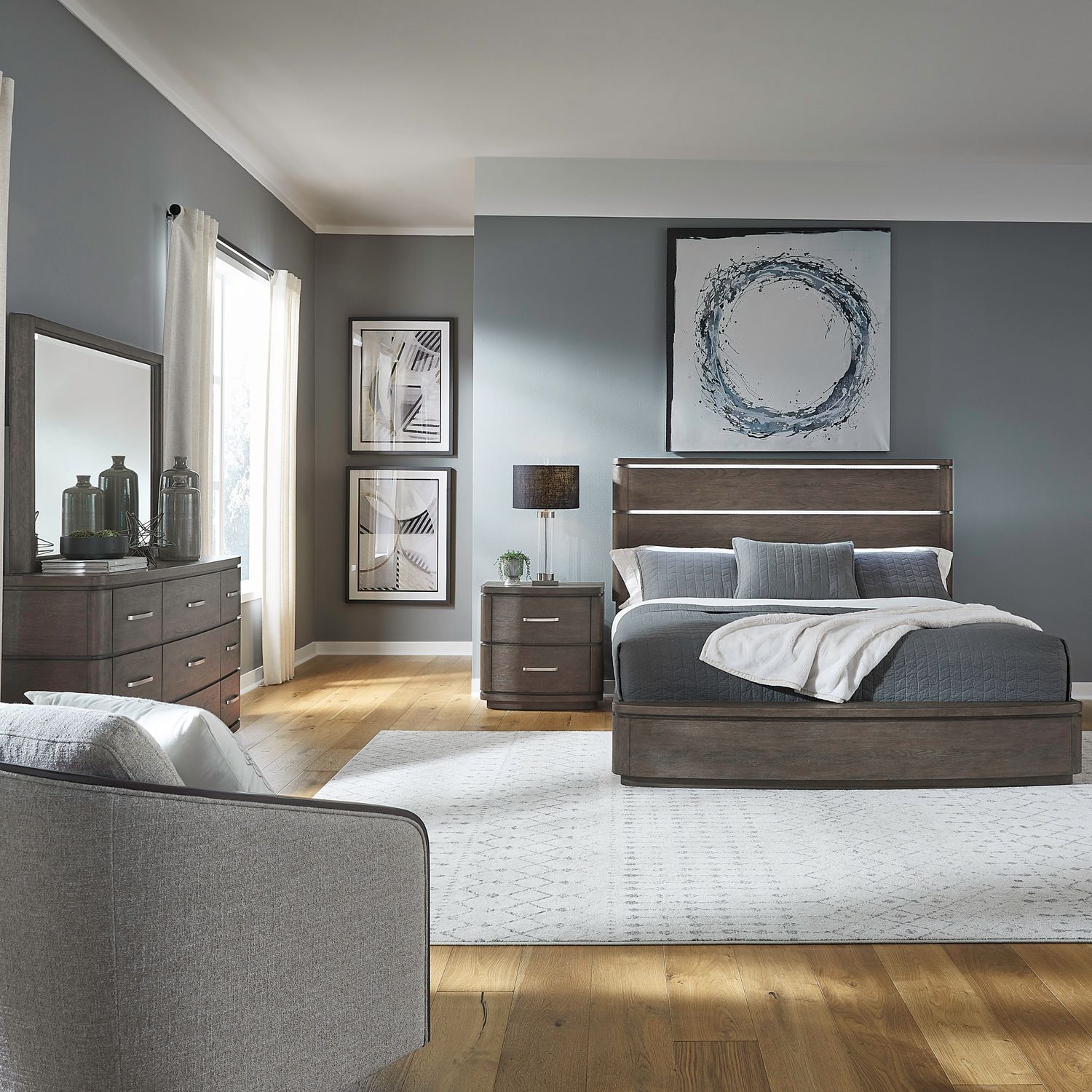 Cascade Falls Queen Panel Bed, Dresser & Mirror, Nightstand