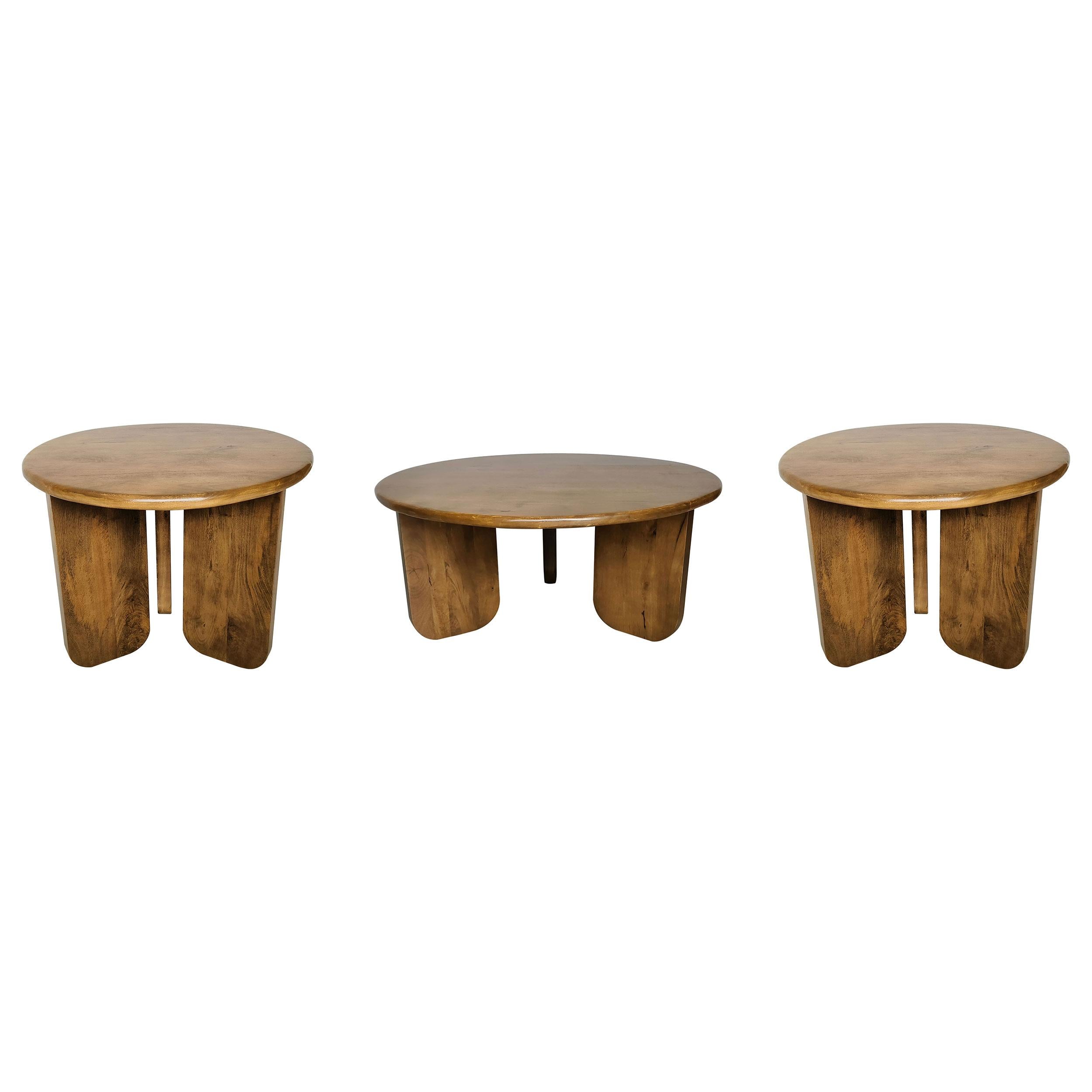 Dale 3-Piece Round Mango Wood Coffee and End Table Set Honey Mango