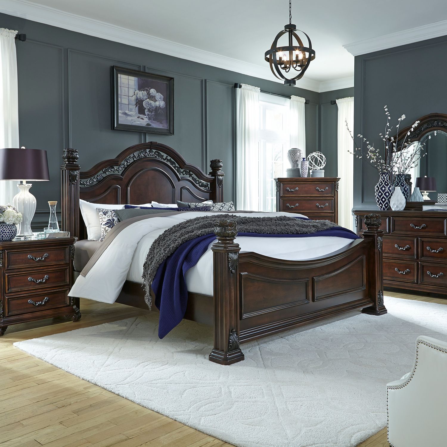 Messina Estates King Poster Bed, Dresser & Mirror, Chest, Nightstand