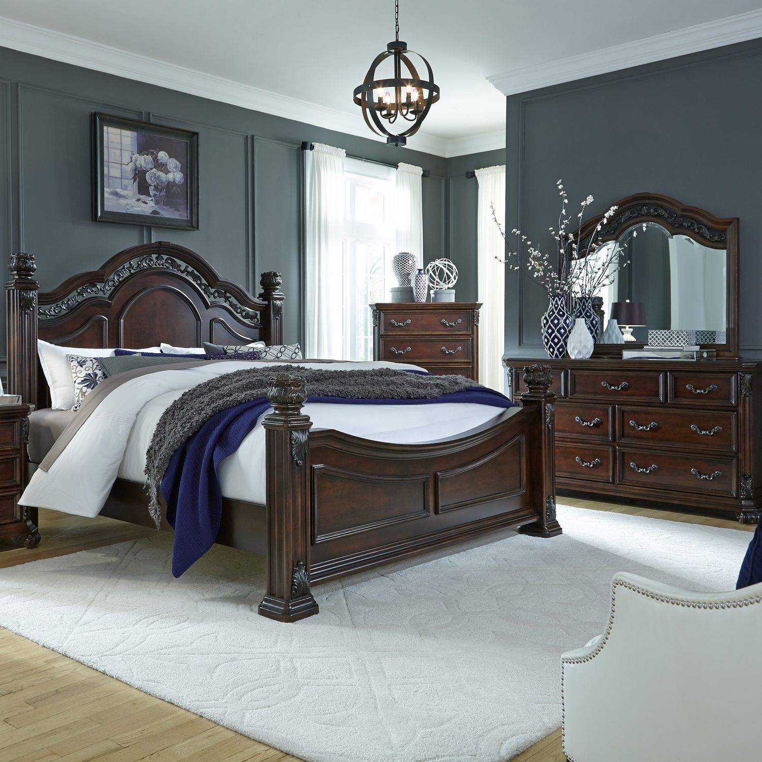 Messina Estates Queen Poster Bed, Dresser & Mirror, Chest