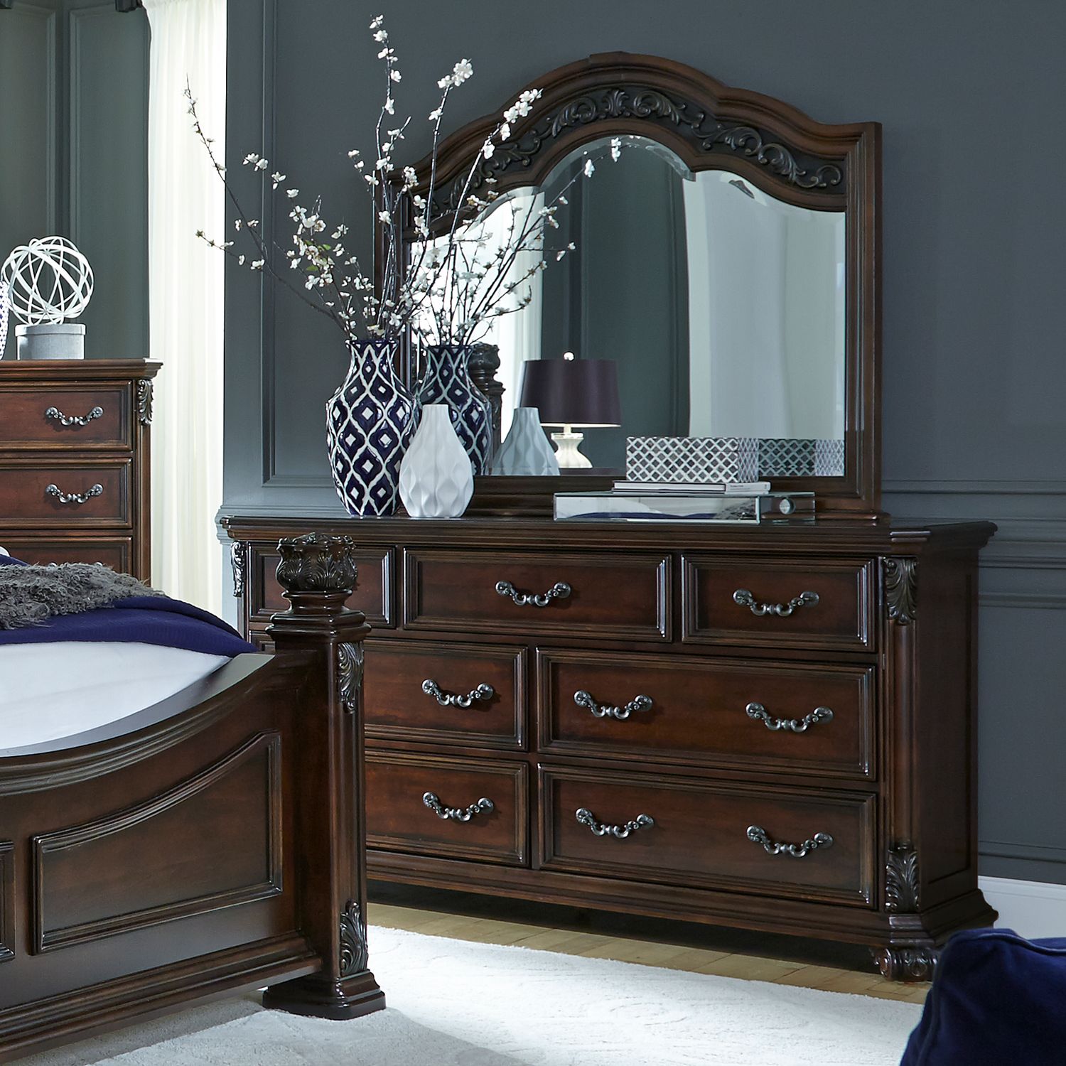 Messina Estates Queen Poster Bed, Dresser & Mirror, Chest, Nightstand