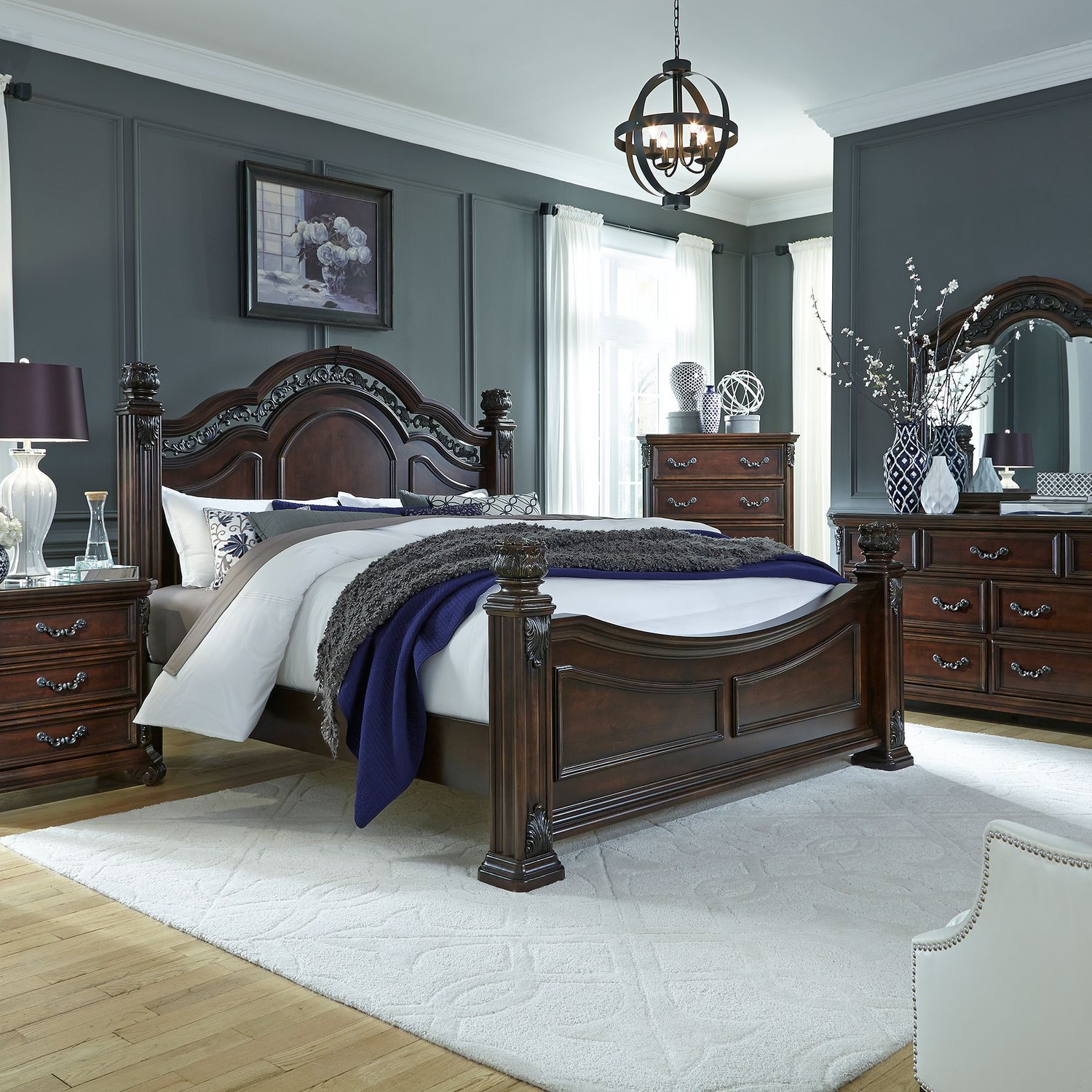 Messina Estates Queen Poster Bed, Dresser & Mirror, Nightstand