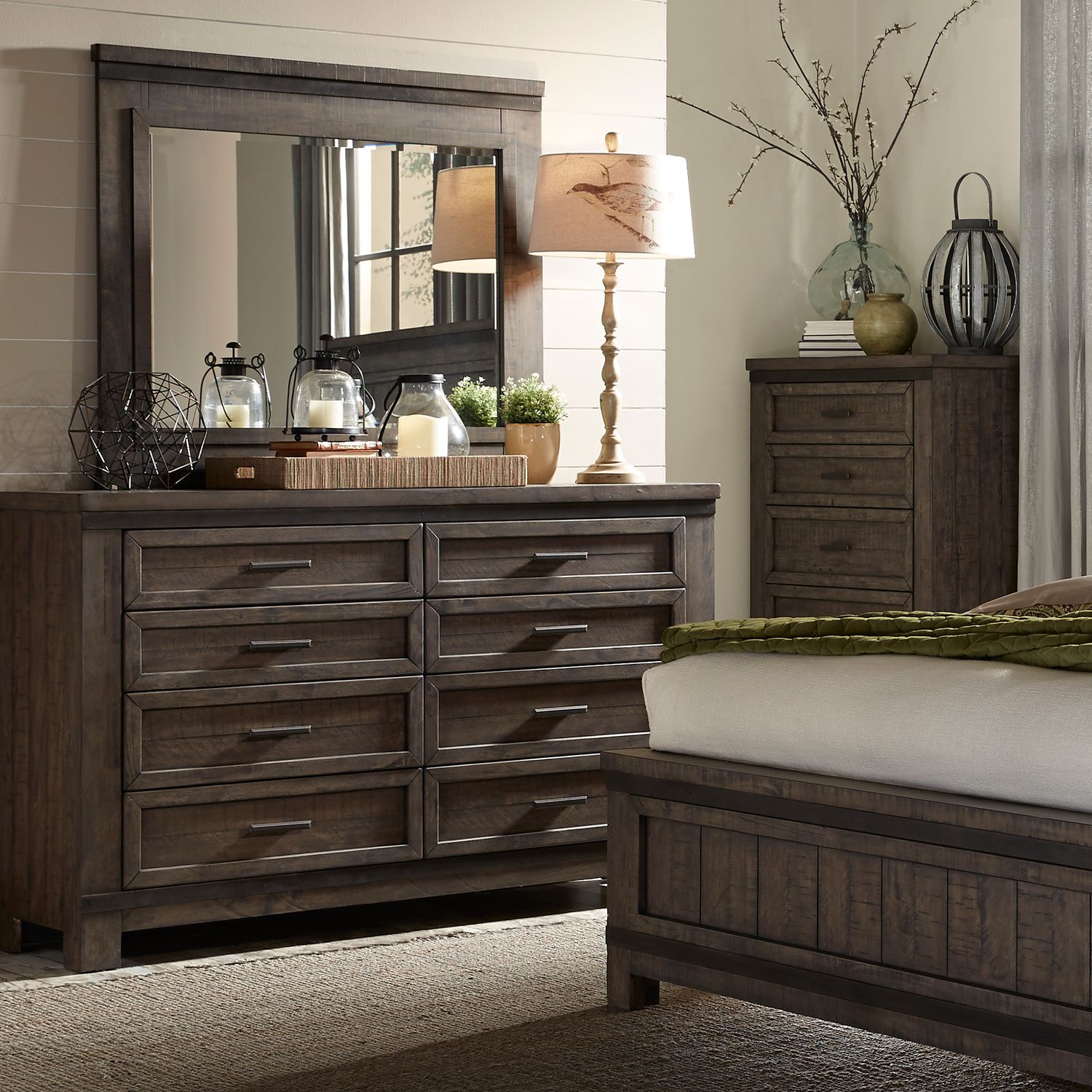 Thornwood Hills King Two Sided Storage Bed, Dresser & Mirror, Nightstand