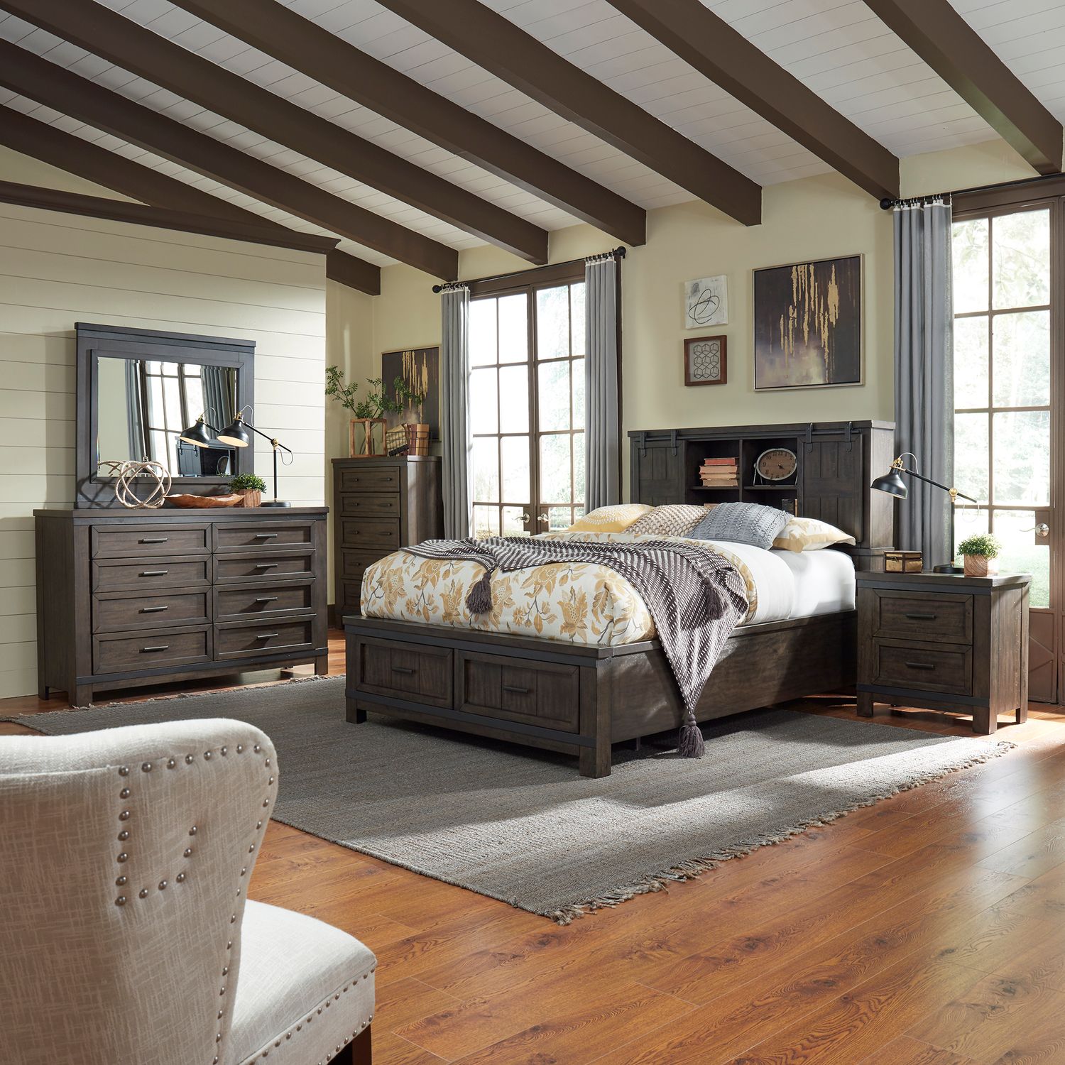 Thornwood Hills King Bookcase Bed, Dresser & Mirror, Chest, Nightstand