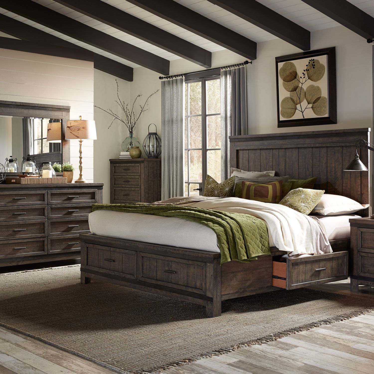Thornwood Hills Queen Two Sided Storage Bed, Dresser & Mirror, Chest