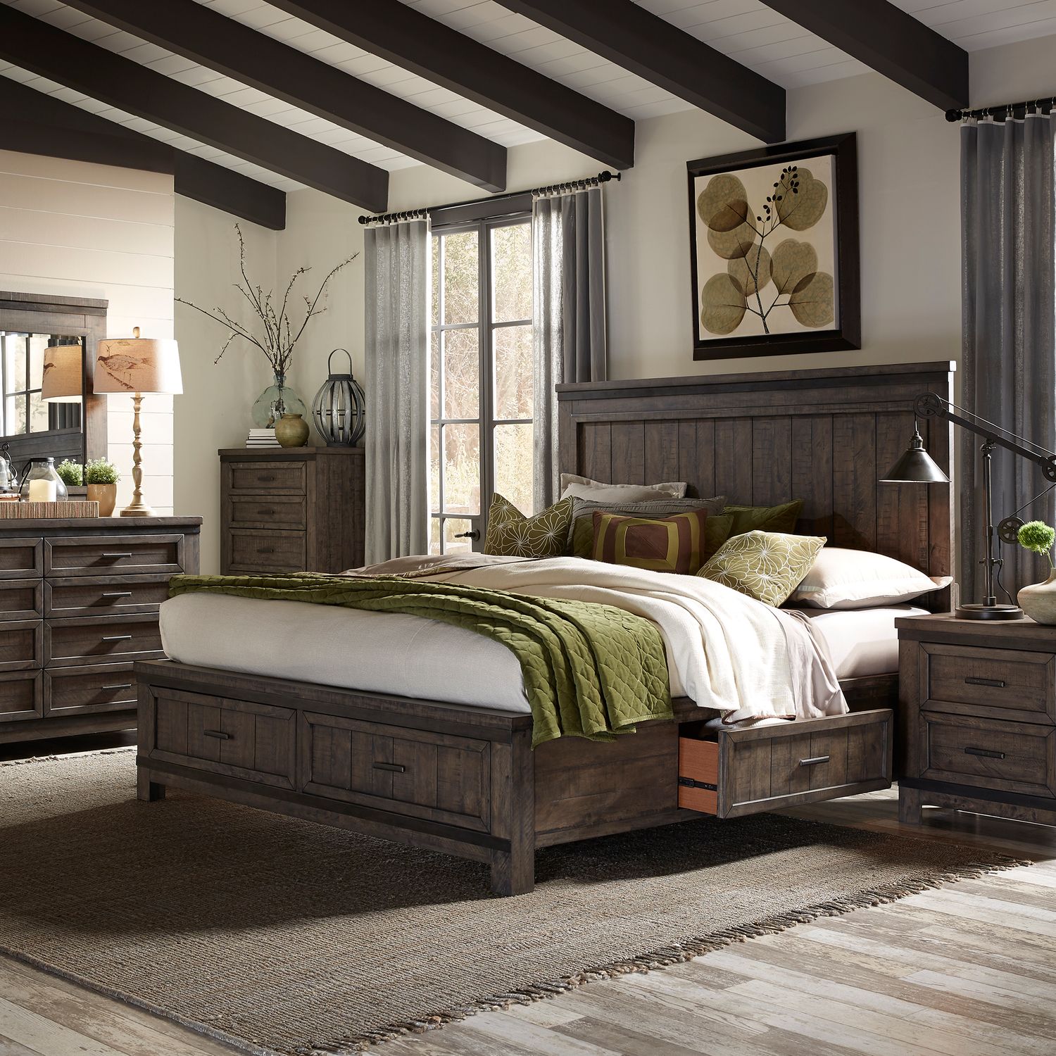 Thornwood Hills Queen Two Sided Storage Bed, Dresser & Mirror, Chest, Nightstand