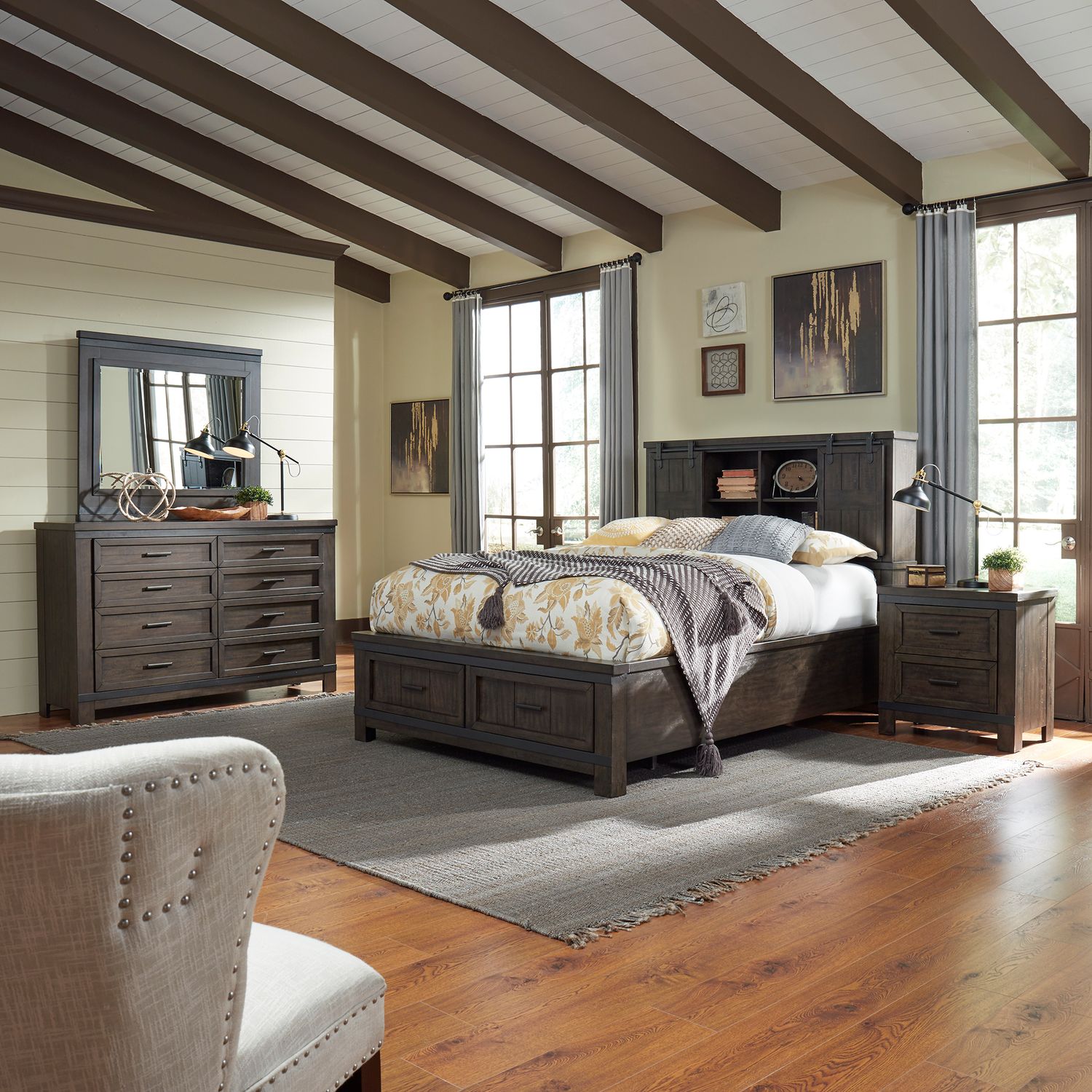Thornwood Hills Queen Bookcase Bed, Dresser & Mirror, Nightstand