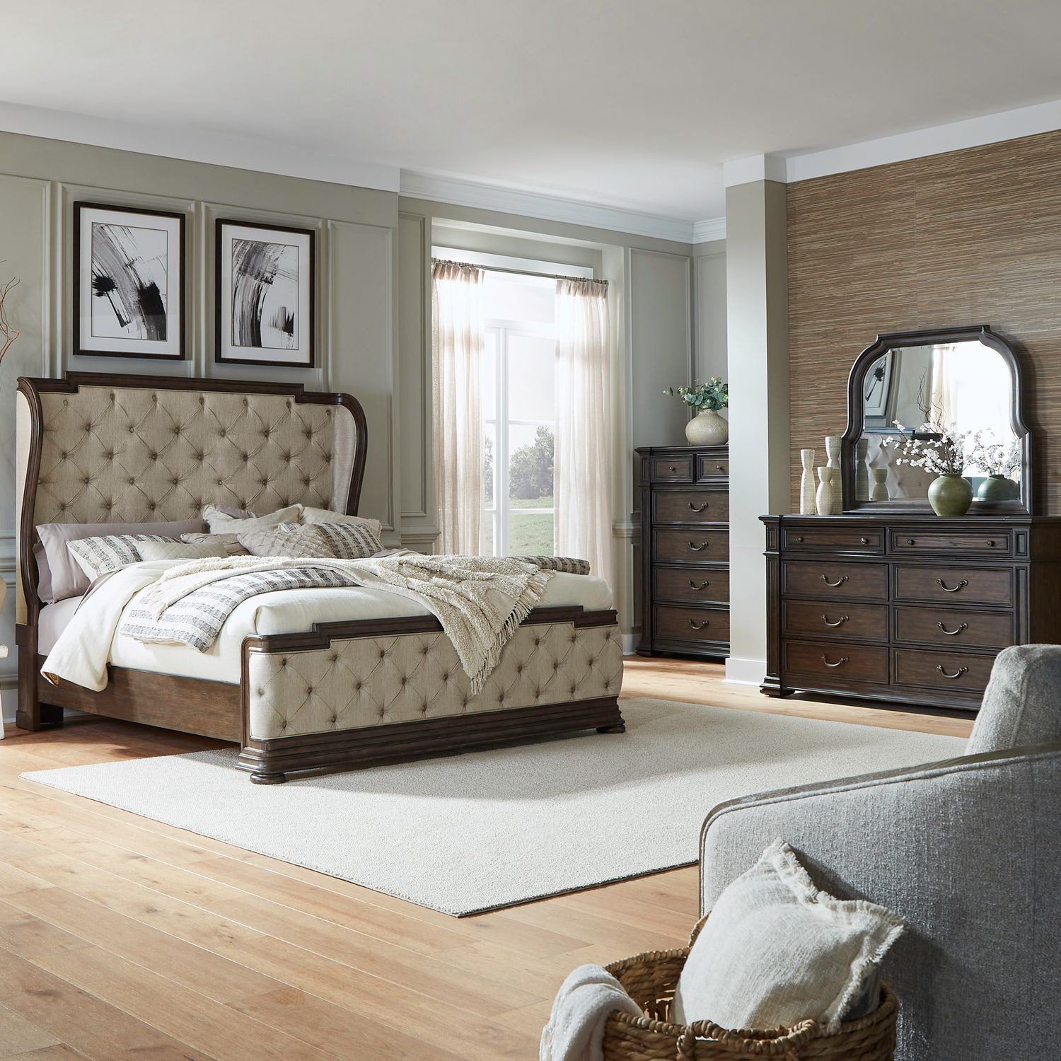 Providence Park Queen Shelter Bed, Dresser & Mirror, Chest
