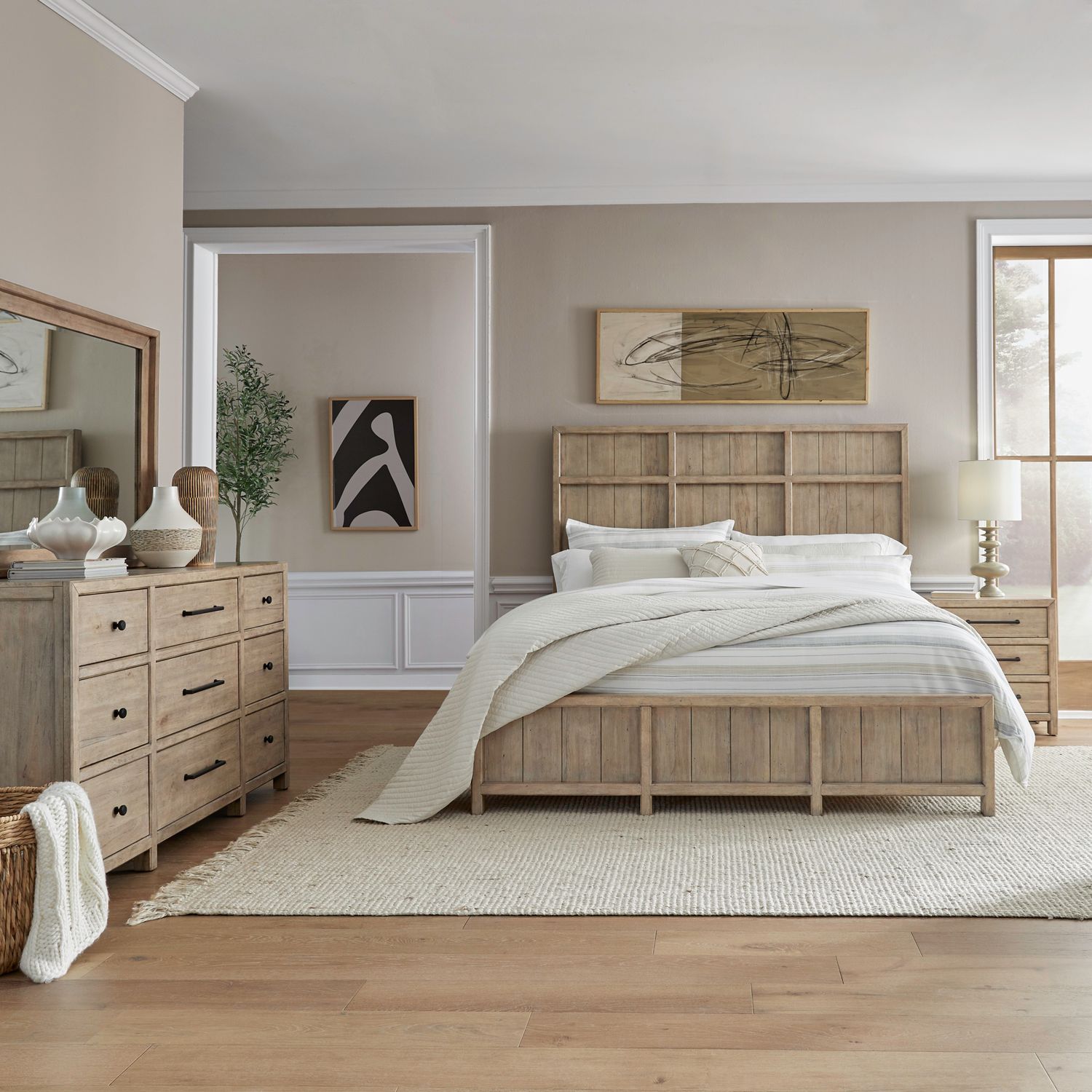 Proximity Place King California Panel Bed, Dresser & Mirror, Nightstand