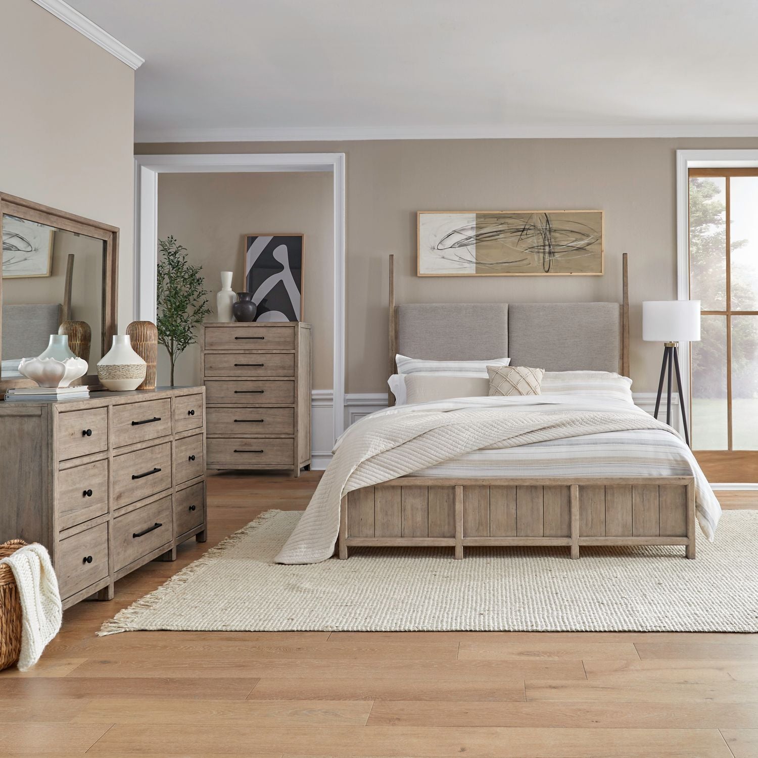 Proximity Place King California Poster Bed, Dresser & Mirror, Chest
