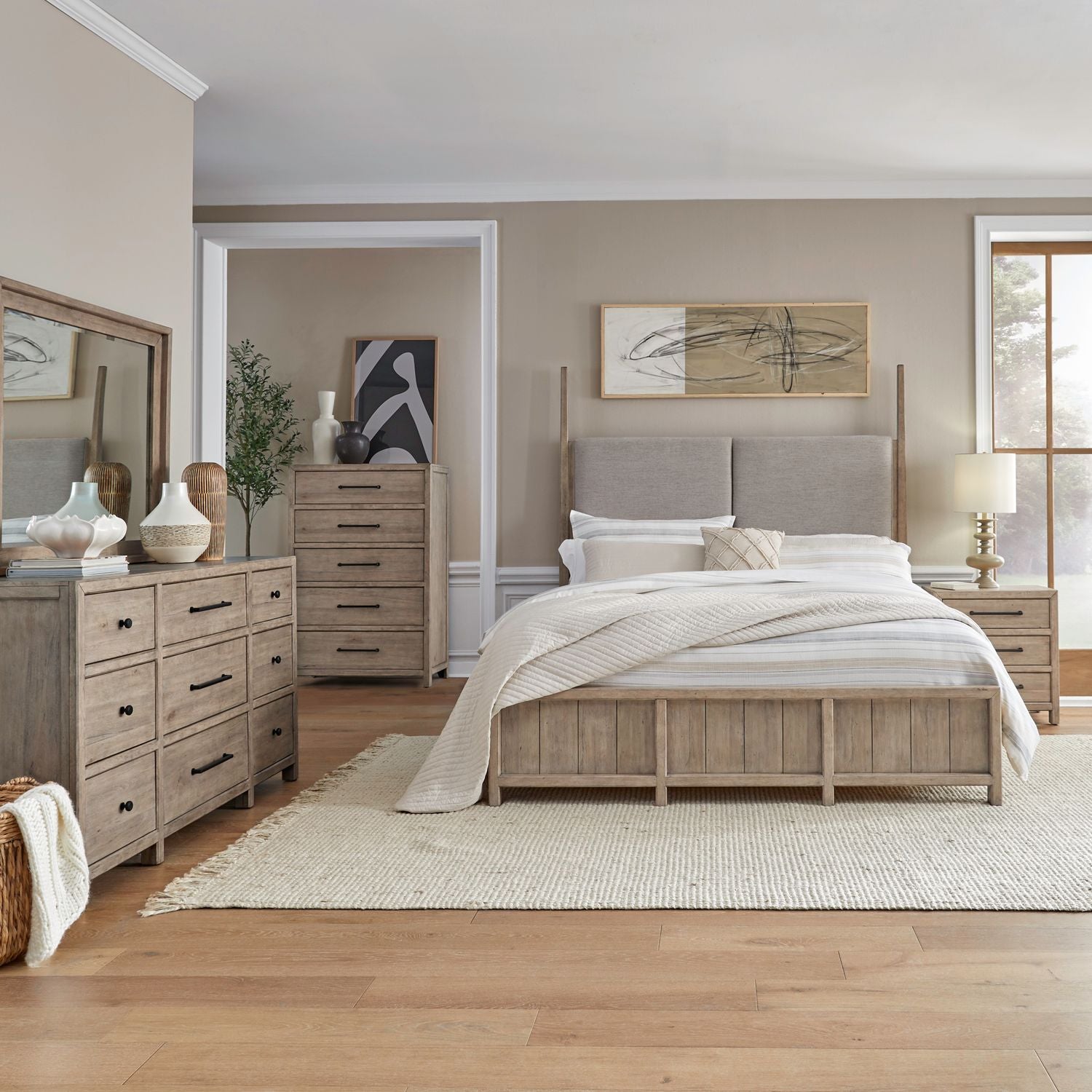 Proximity Place King California Poster Bed, Dresser & Mirror, Chest, Nightstand