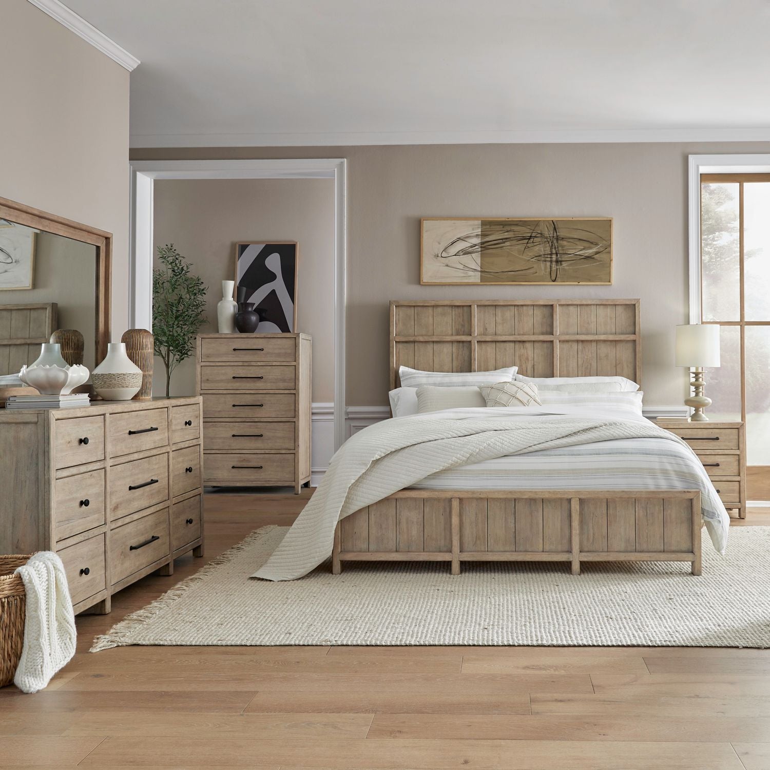 Proximity Place King Panel Bed, Dresser & Mirror, Chest, Nightstand