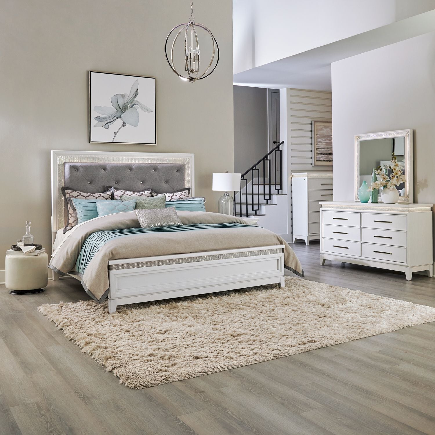 Reflections King California Upholstery Bed, Dresser & Mirror, Chest