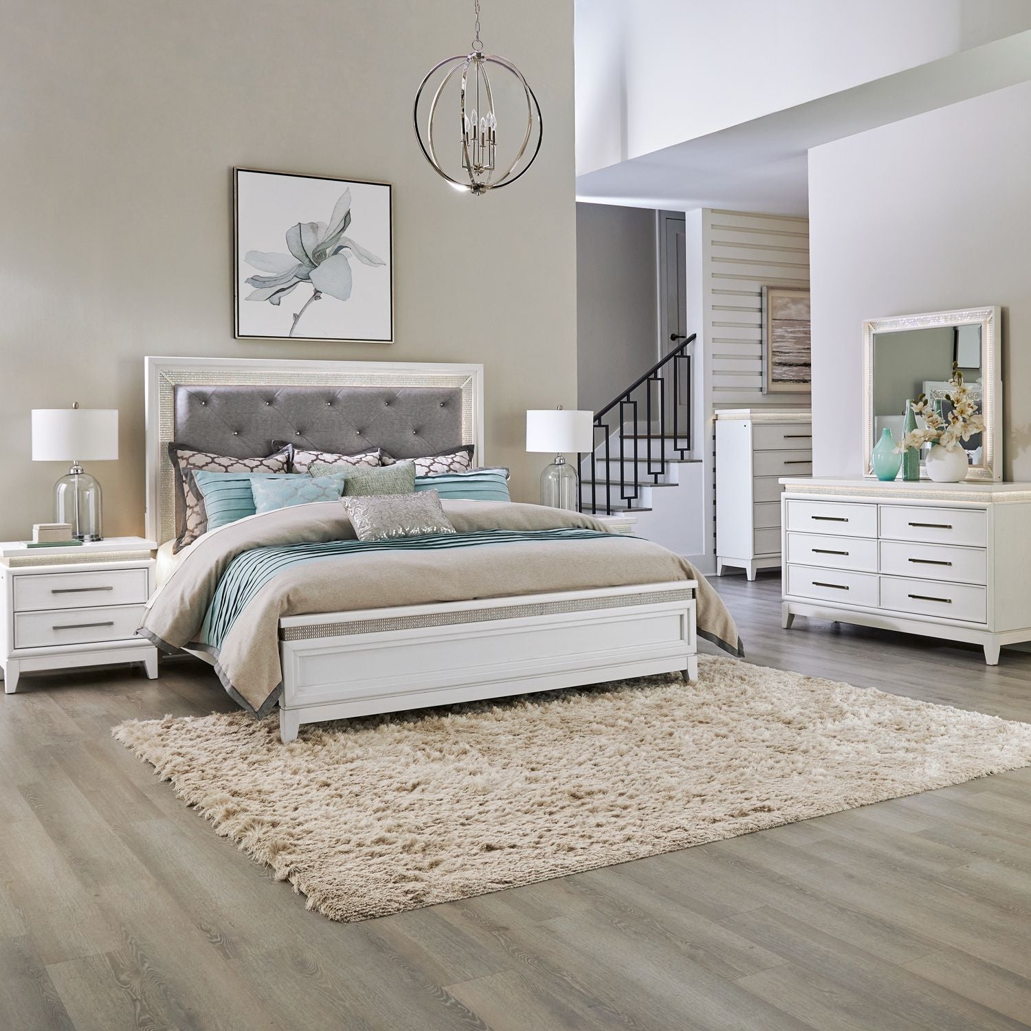Reflections King California Upholstery Bed, Dresser & Mirror, Chest, Nightstand