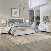 Reflections King Upholstery Bed, Dresser & Mirror, Nightstand
