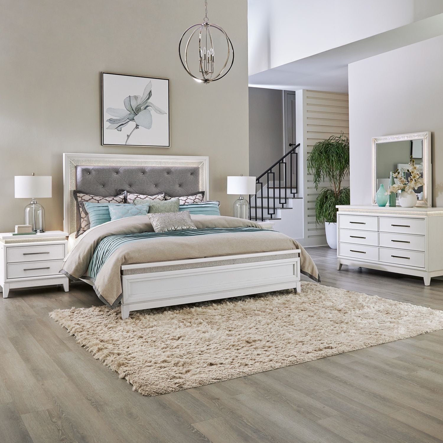 Reflections Queen Upholstery Bed, Dresser & Mirror, Nightstand