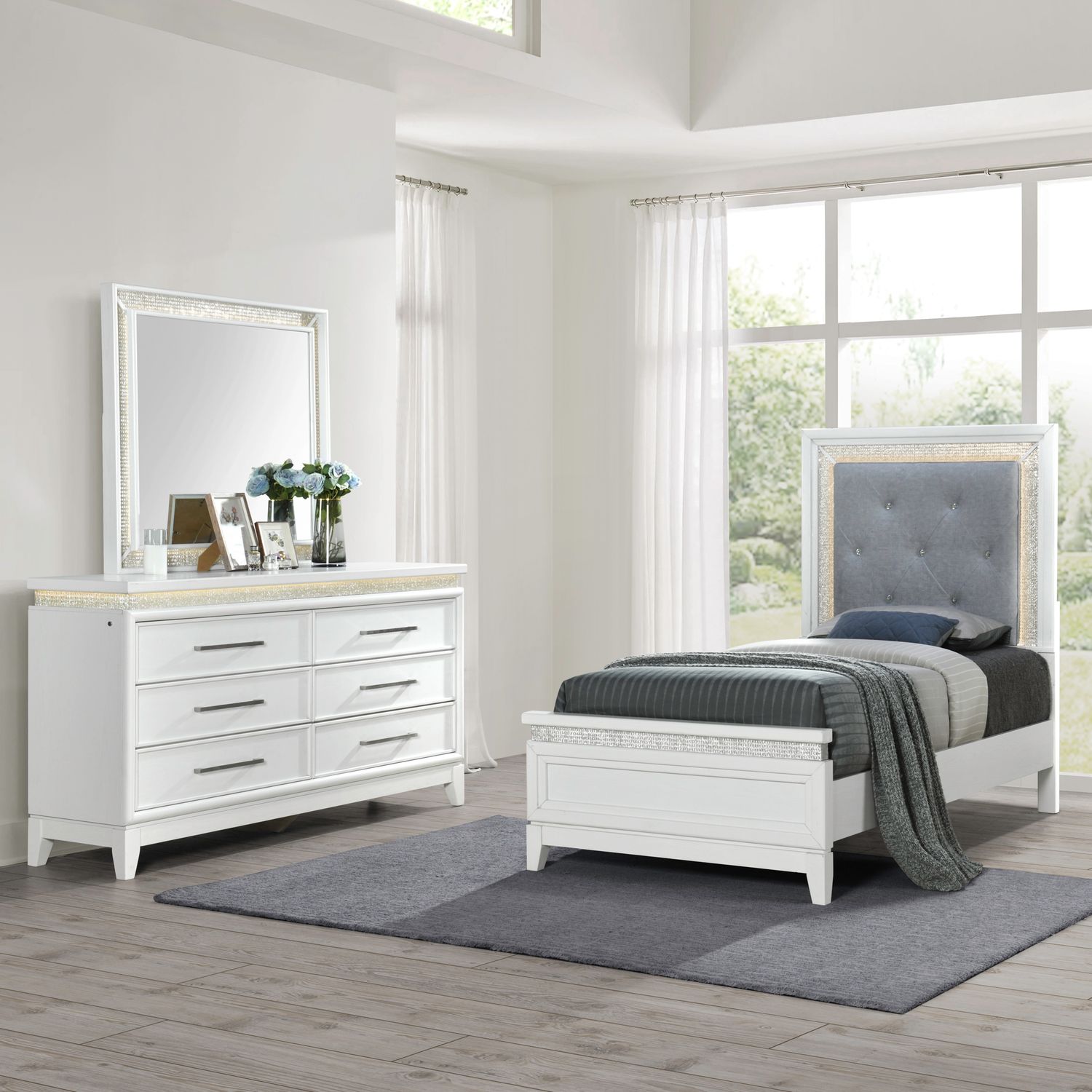 Reflections Twin Upholstery Bed, Dresser & Mirror