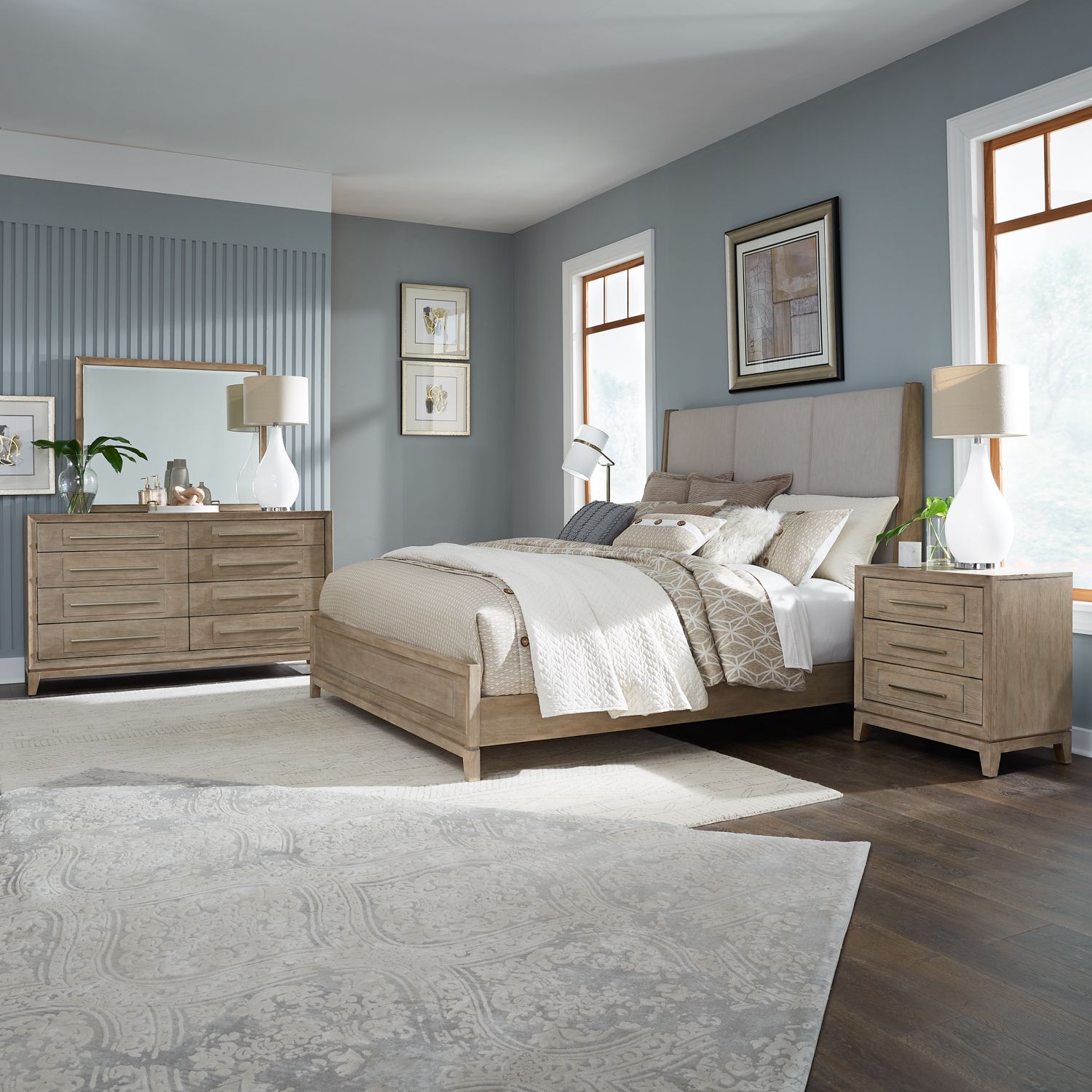 Brentwood King California Upholstery Bed, Dresser & Mirror, Nightstand