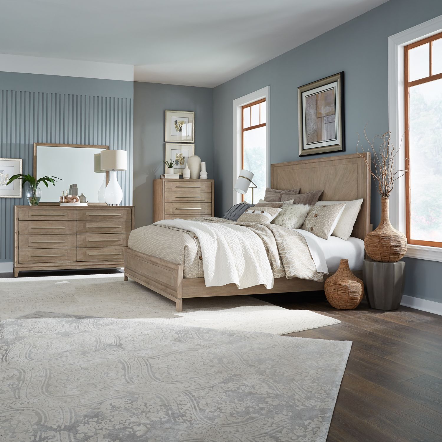 Brentwood King California Panel Bed, Dresser & Mirror, Chest