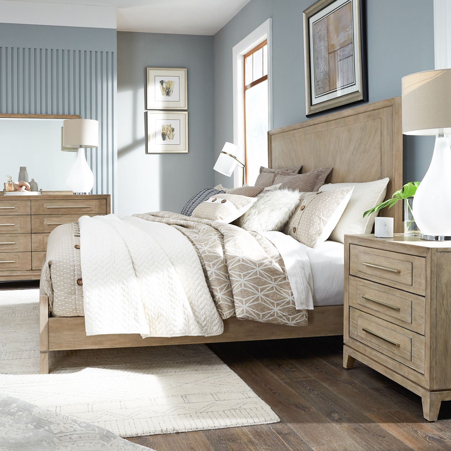 Brentwood King California Panel Bed, Dresser & Mirror, Nightstand