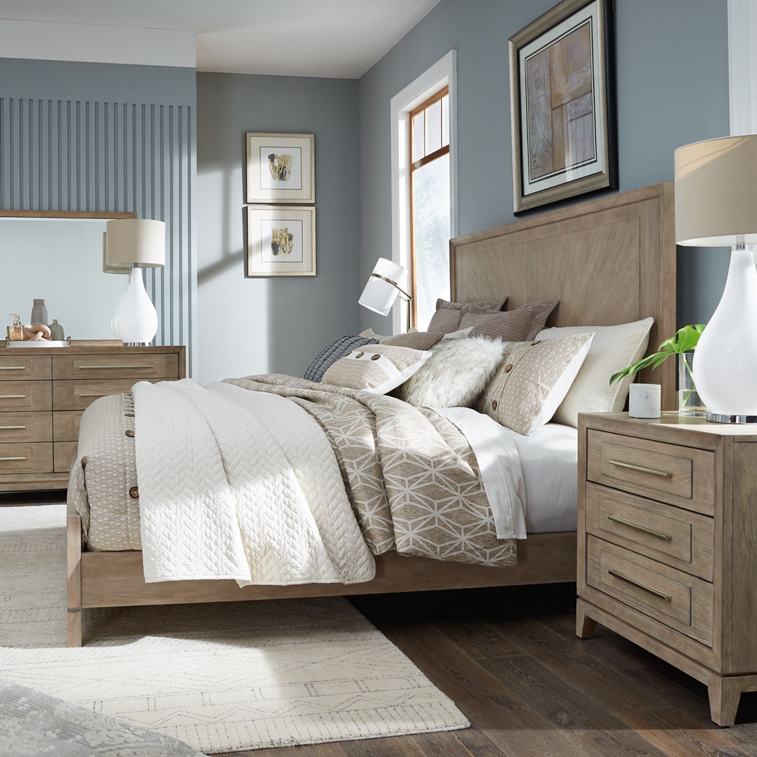 Brentwood King California Panel Bed, Dresser & Mirror, Nightstand