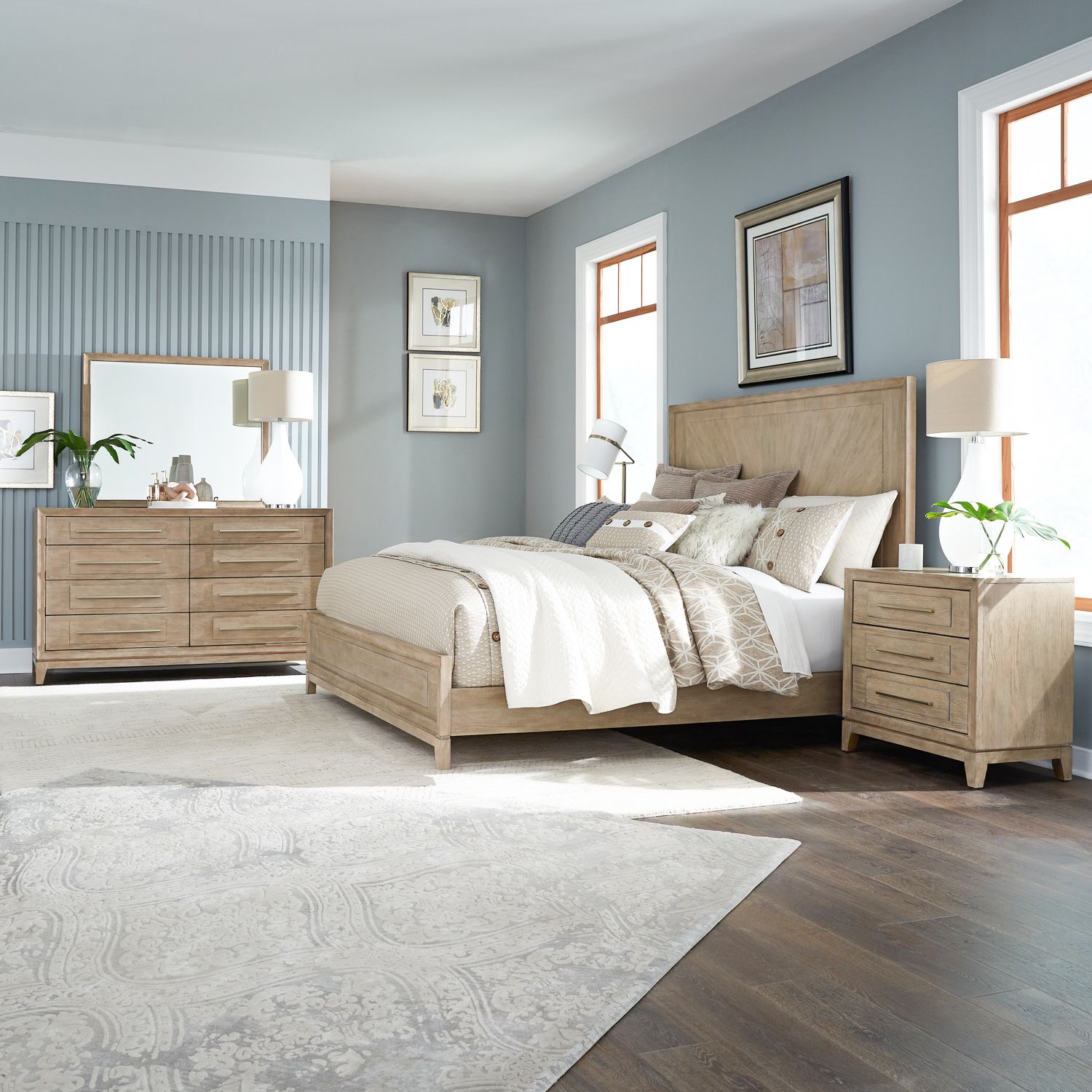 Brentwood King Panel Bed, Dresser & Mirror, Nightstand