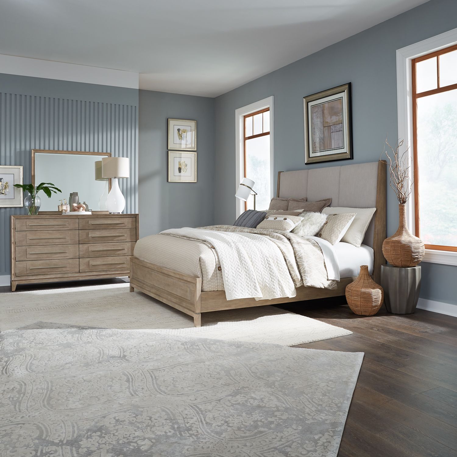 Brentwood King Upholstery Bed, Dresser & Mirror