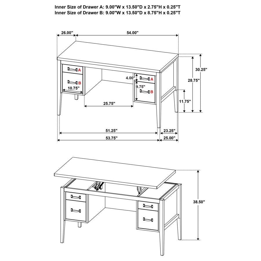 Graham 54-inch 4-drawer Double Pedestal Lift Top Computer Desk Chocolate