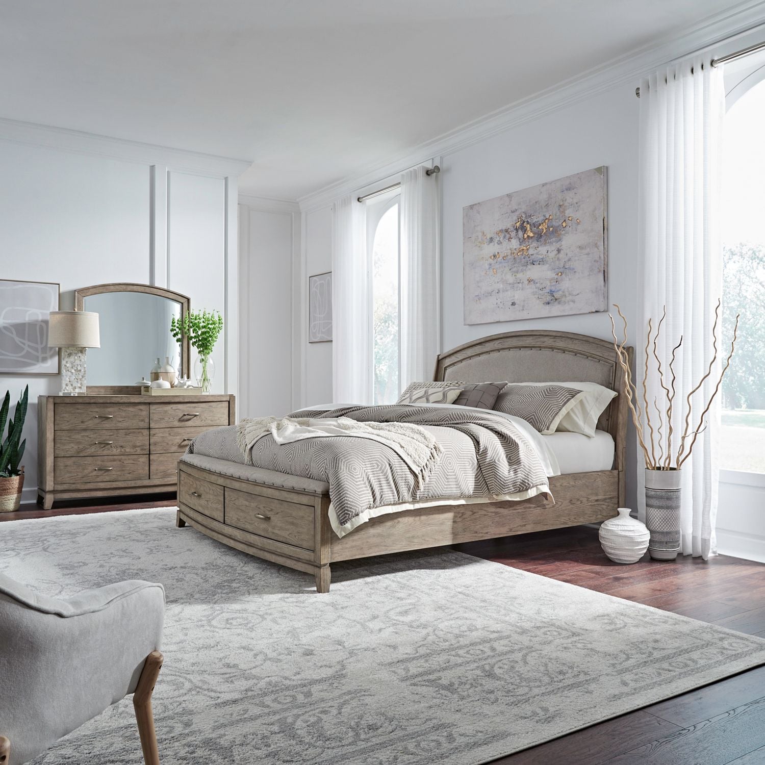 Avalon King California Upholstery Storage Bed, Dresser & Mirror