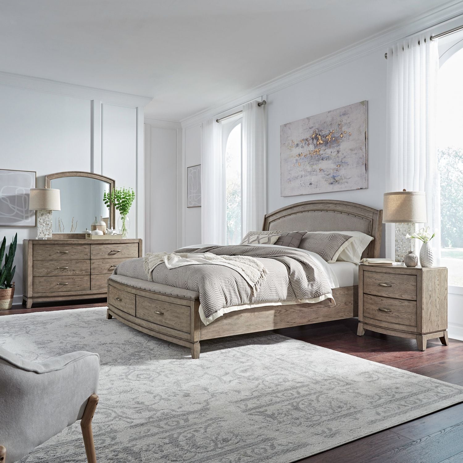 Avalon King California Upholstery Storage Bed, Dresser & Mirror, Nightstand