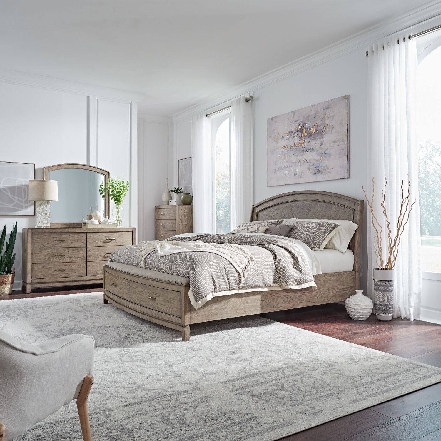 Avalon King Panel Storage Bed, Dresser & Mirror, Chest
