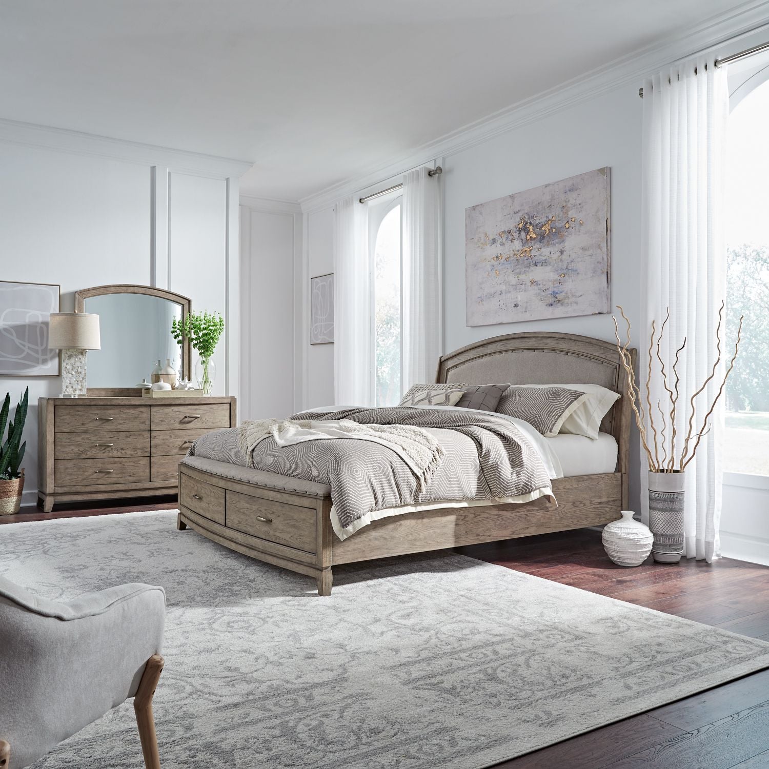 Avalon King Upholstery Storage Bed, Dresser & Mirror