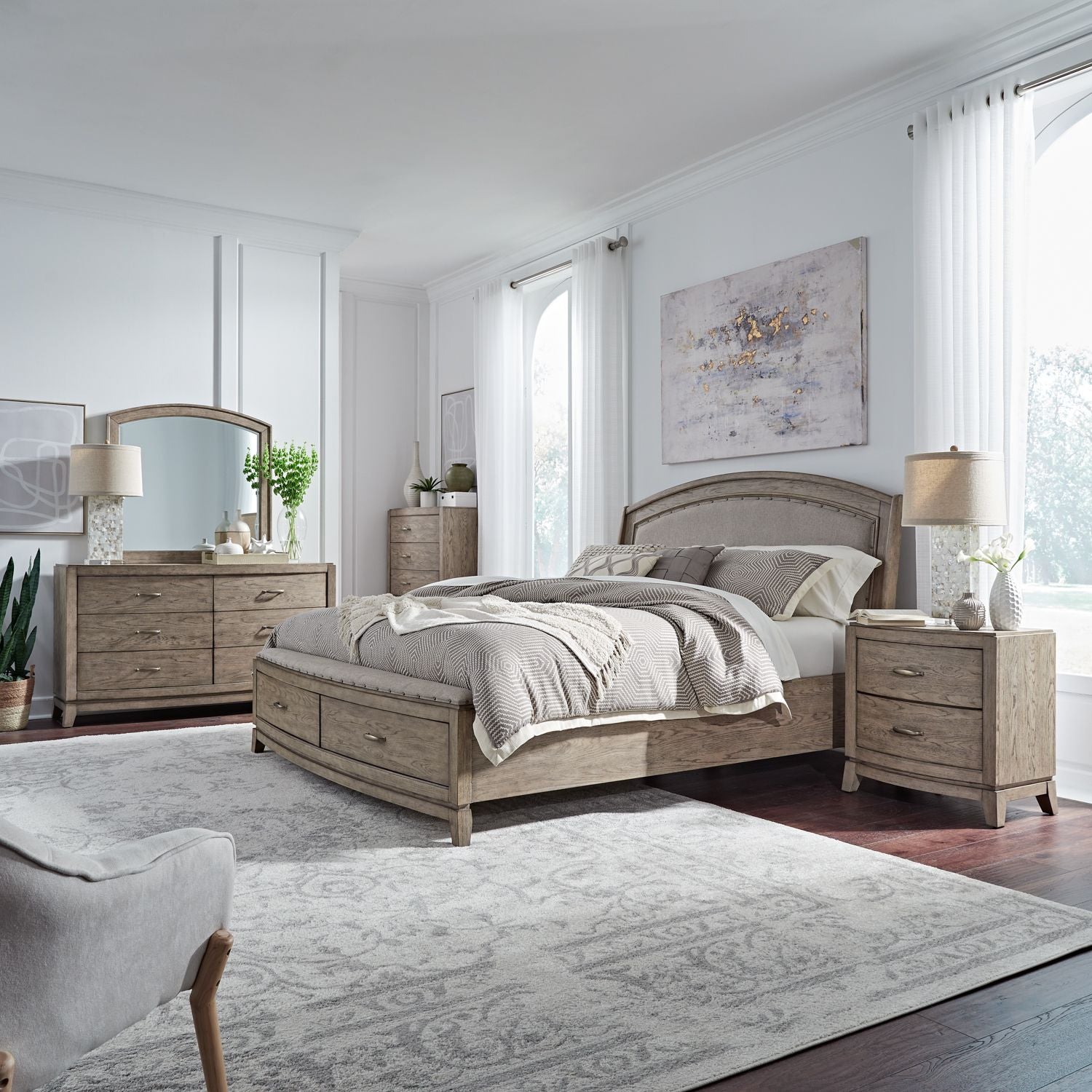 Avalon King Upholstery Storage Bed, Dresser & Mirror, Chest, Nightstand