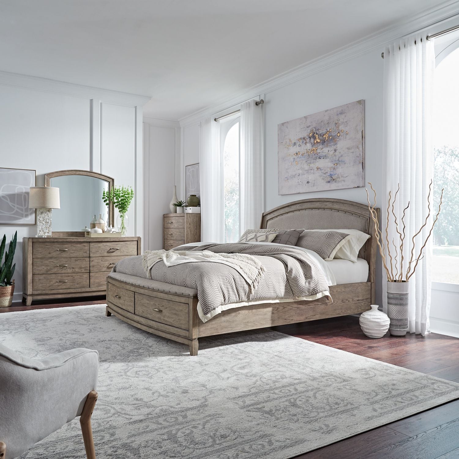 Avalon Queen Upholstery Storage Bed, Dresser & Mirror, Chest