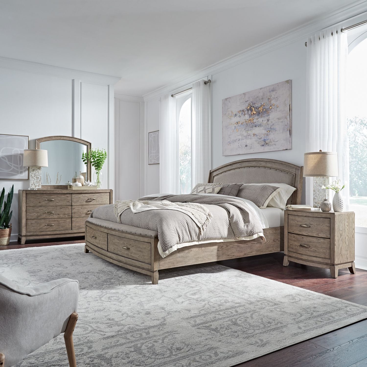 Avalon Queen Upholstery Storage Bed, Dresser & Mirror, Nightstand
