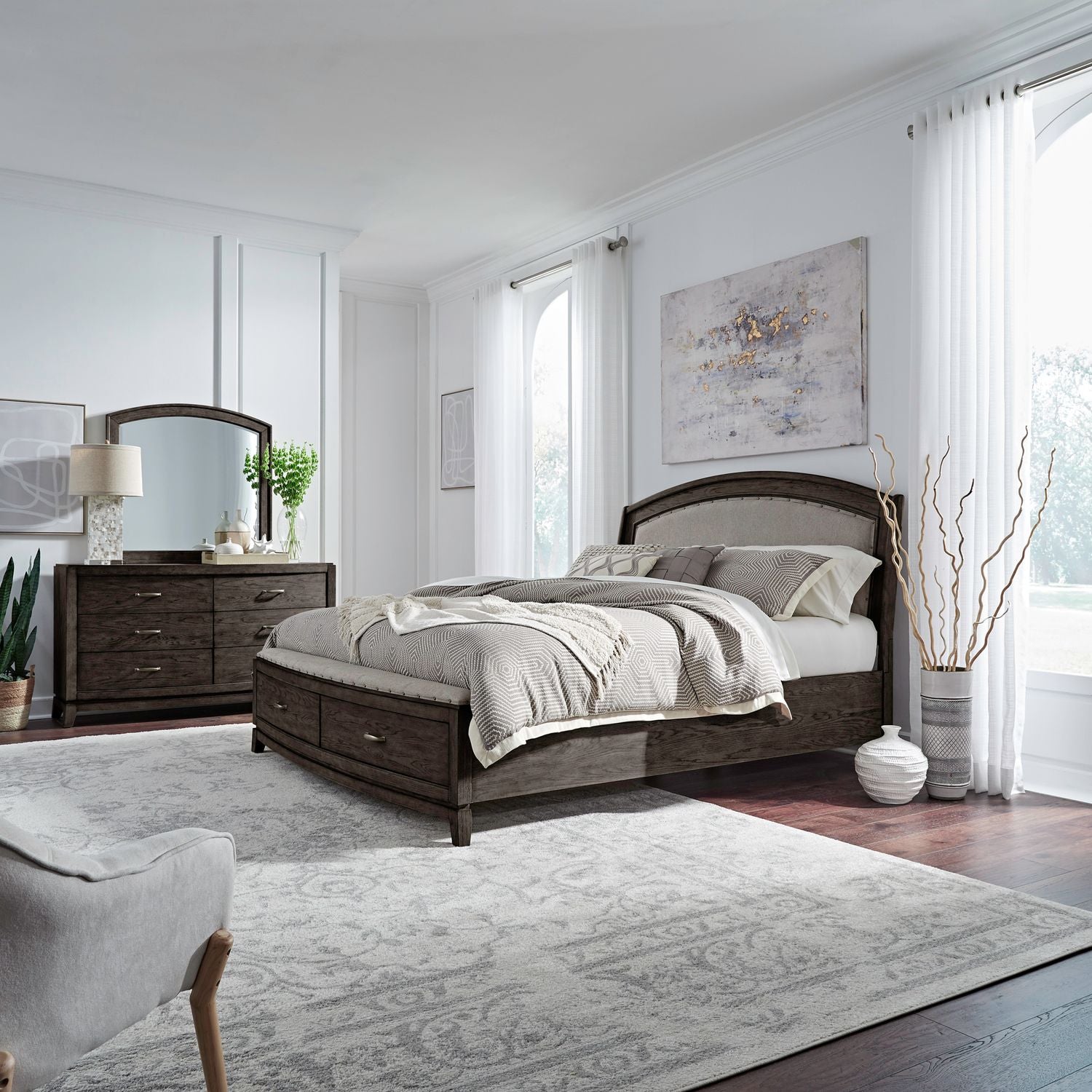 Avalon King Upholstery Storage Bed, Dresser & Mirror