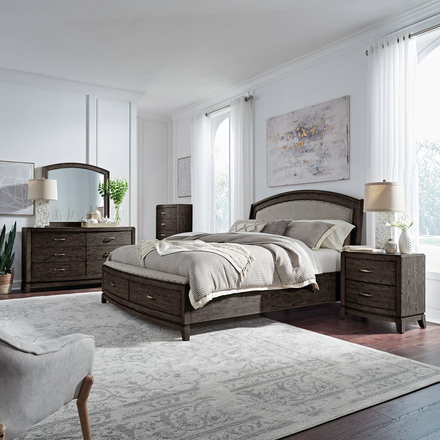 Avalon King Upholstery Storage Bed, Dresser & Mirror, Chest, Nightstand
