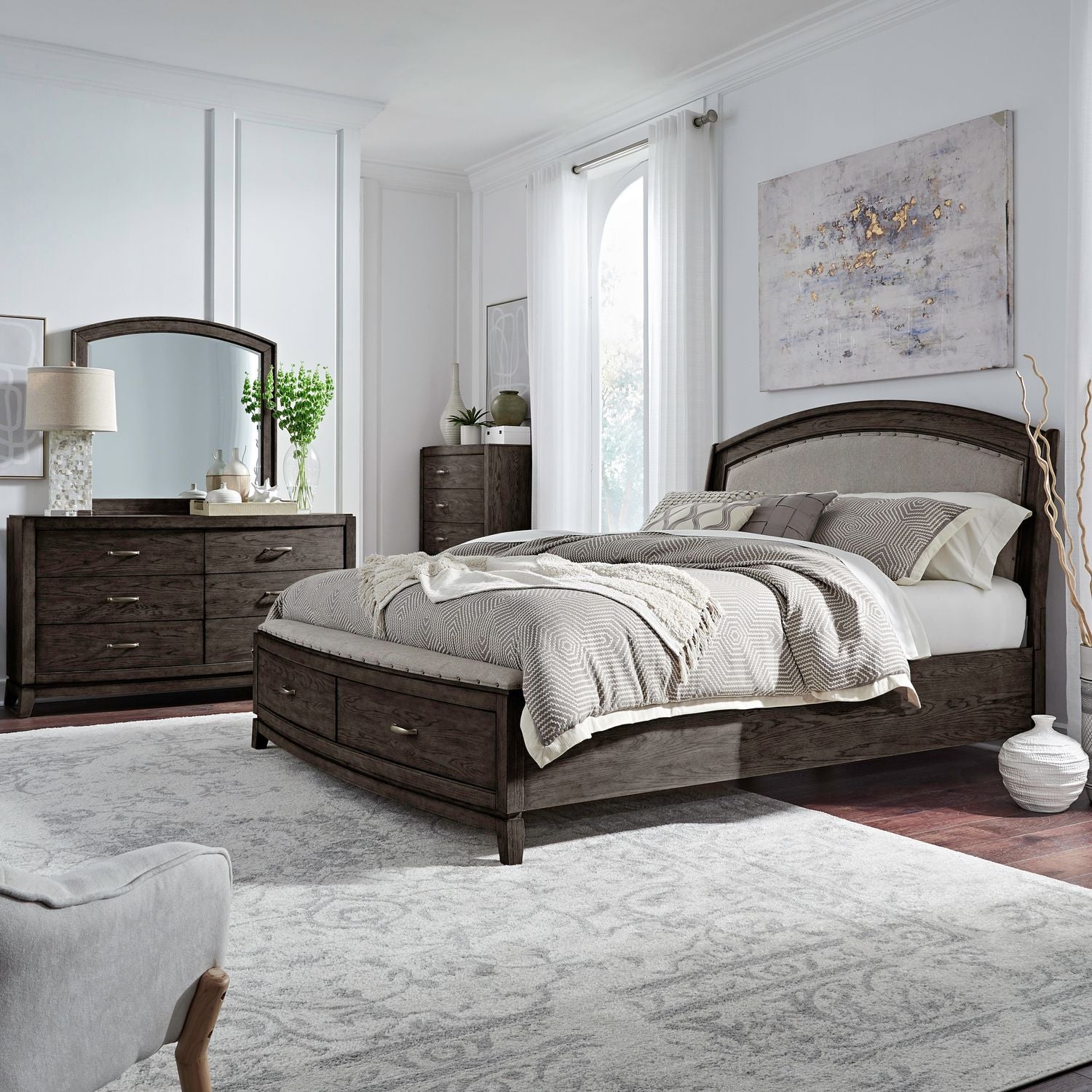 Avalon Queen Upholstery Storage Bed, Dresser & Mirror, Chest