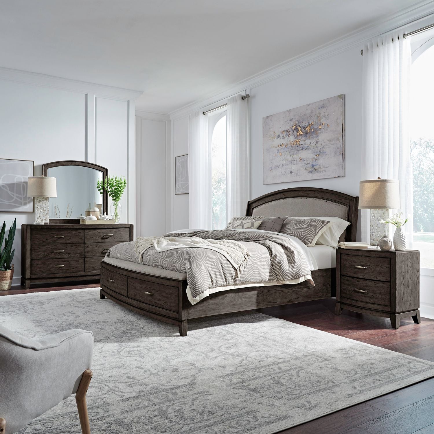 Avalon Queen Upholstery Storage Bed, Dresser & Mirror, Nightstand