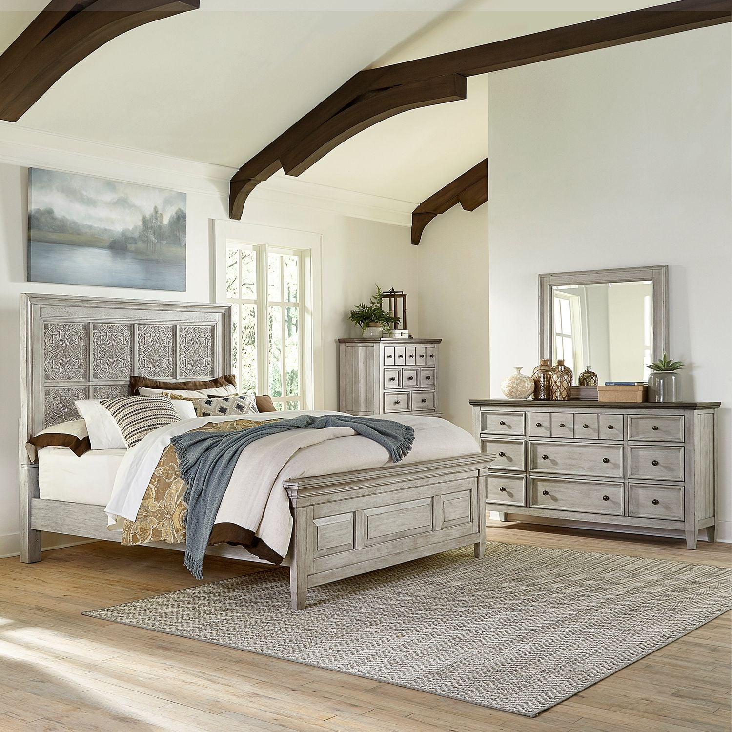 Heartland King Opt California Panel Bed, Dresser & Mirror, Chest