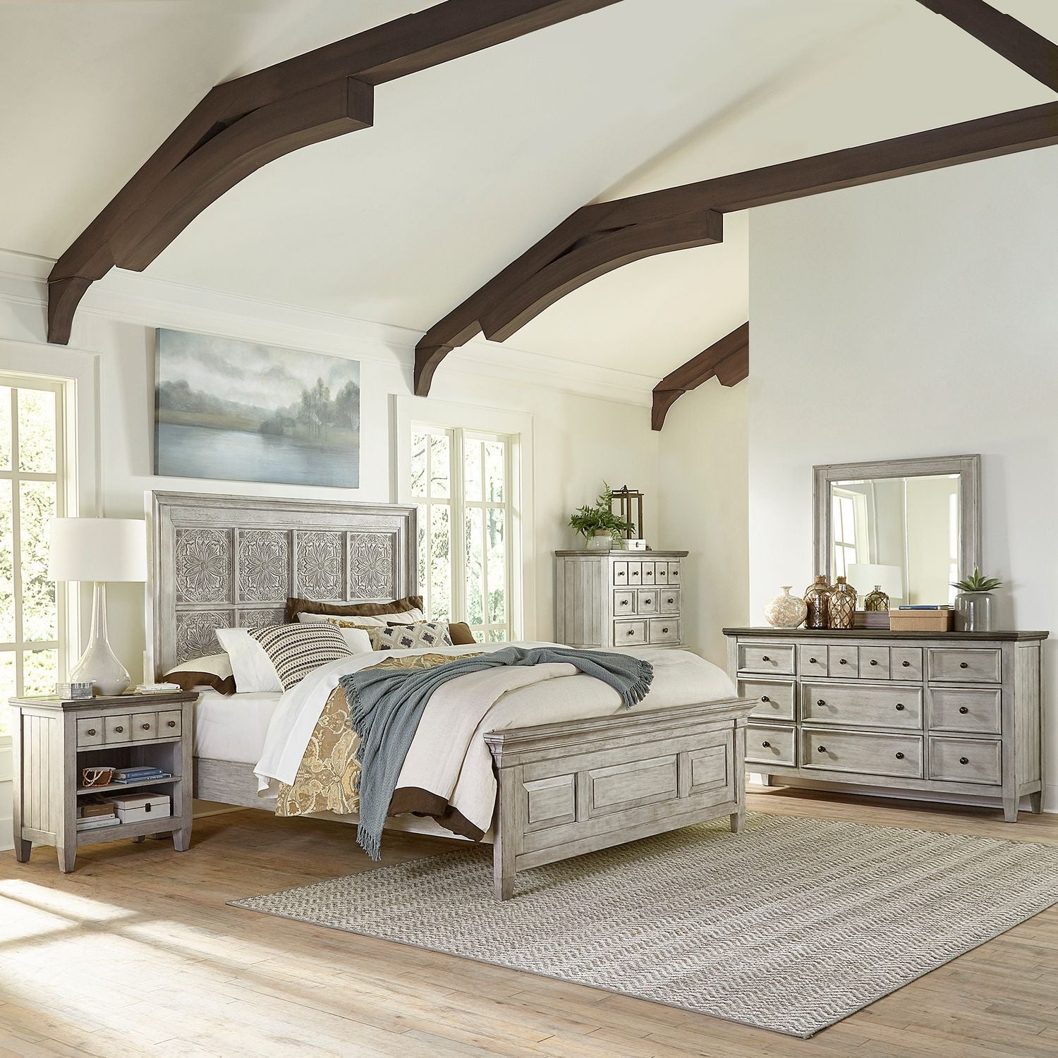 Heartland King Opt California Panel Bed, Dresser & Mirror, Chest, Nightstand