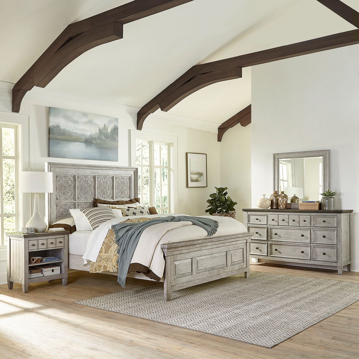 Heartland King Opt California Panel Bed, Dresser & Mirror, Nightstand